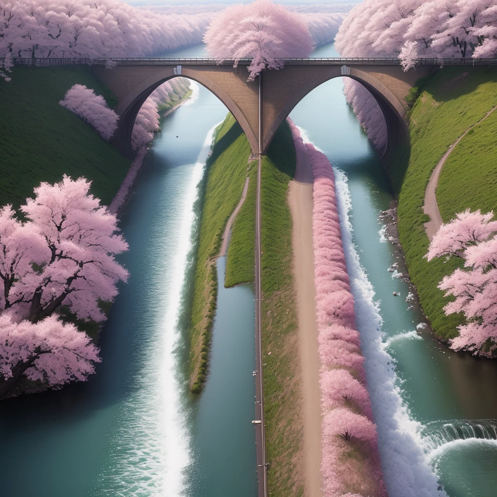 a road through cherry blossom, a river beside the road