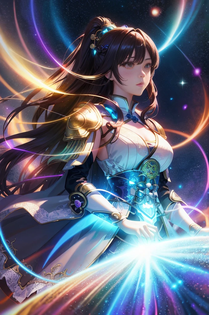 anime girl with glowing hair and a sword in her hand, beautiful celestial mage, portrait knights of zodiac girl, anime fantasy illustration, inspired by Li Mei-shu, by Yang J, detailed digital anime art, extremely detailed artgerm, digital anime art, epic mage girl character, anime fantasy artwork, 2. 5 d cgi anime fantasy artwork