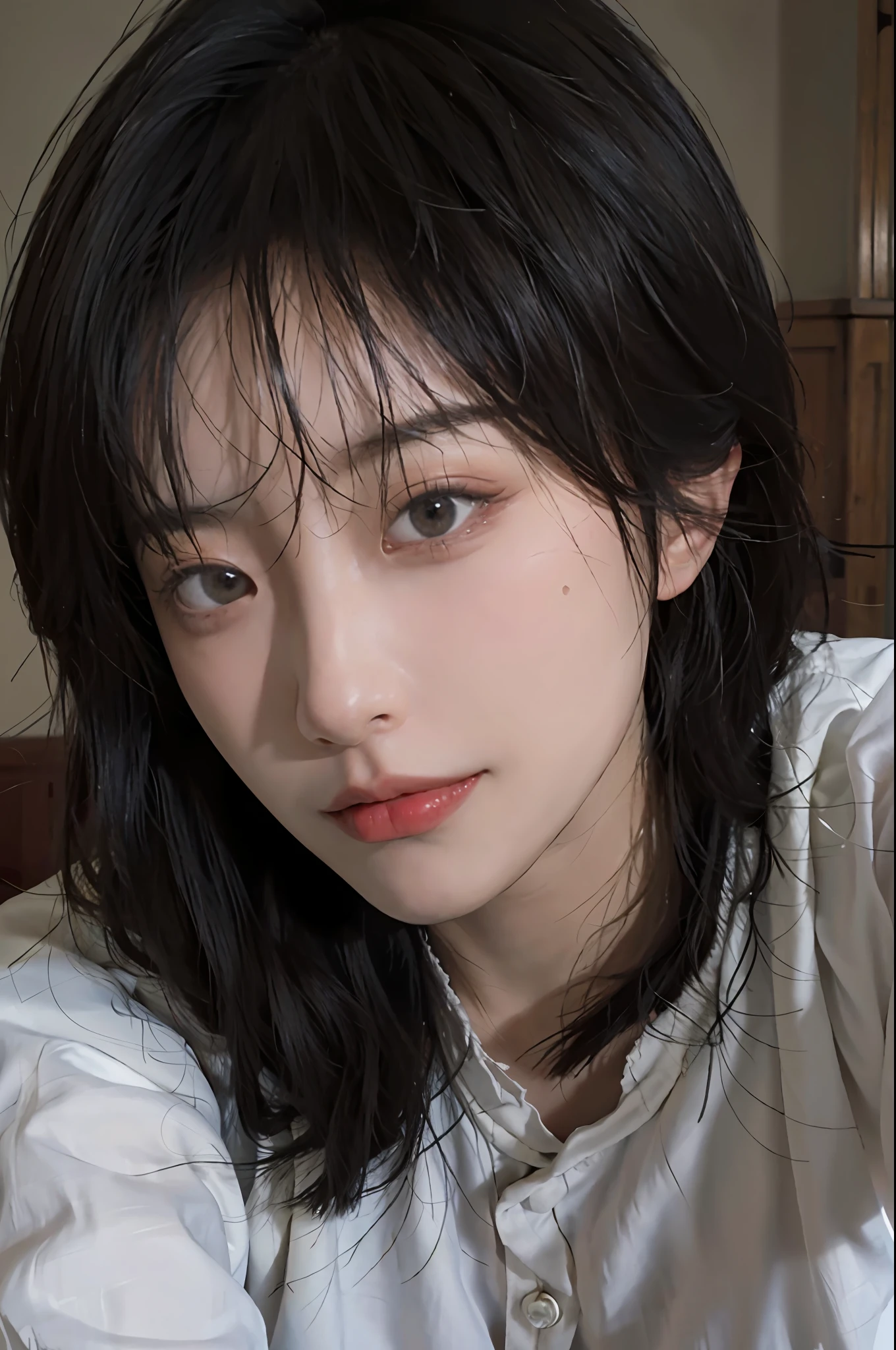 8K, Best Quality, Masterpiece, Ultra High Resolution, (Realism: 1.4), Original Photo, (Real Skin Texture: 1.3), (Film Grain: 1.3), (Selfie Angle), 1 Girl, Beautiful Eyes and Face Details, Masterpiece, Best Quality, Close Up