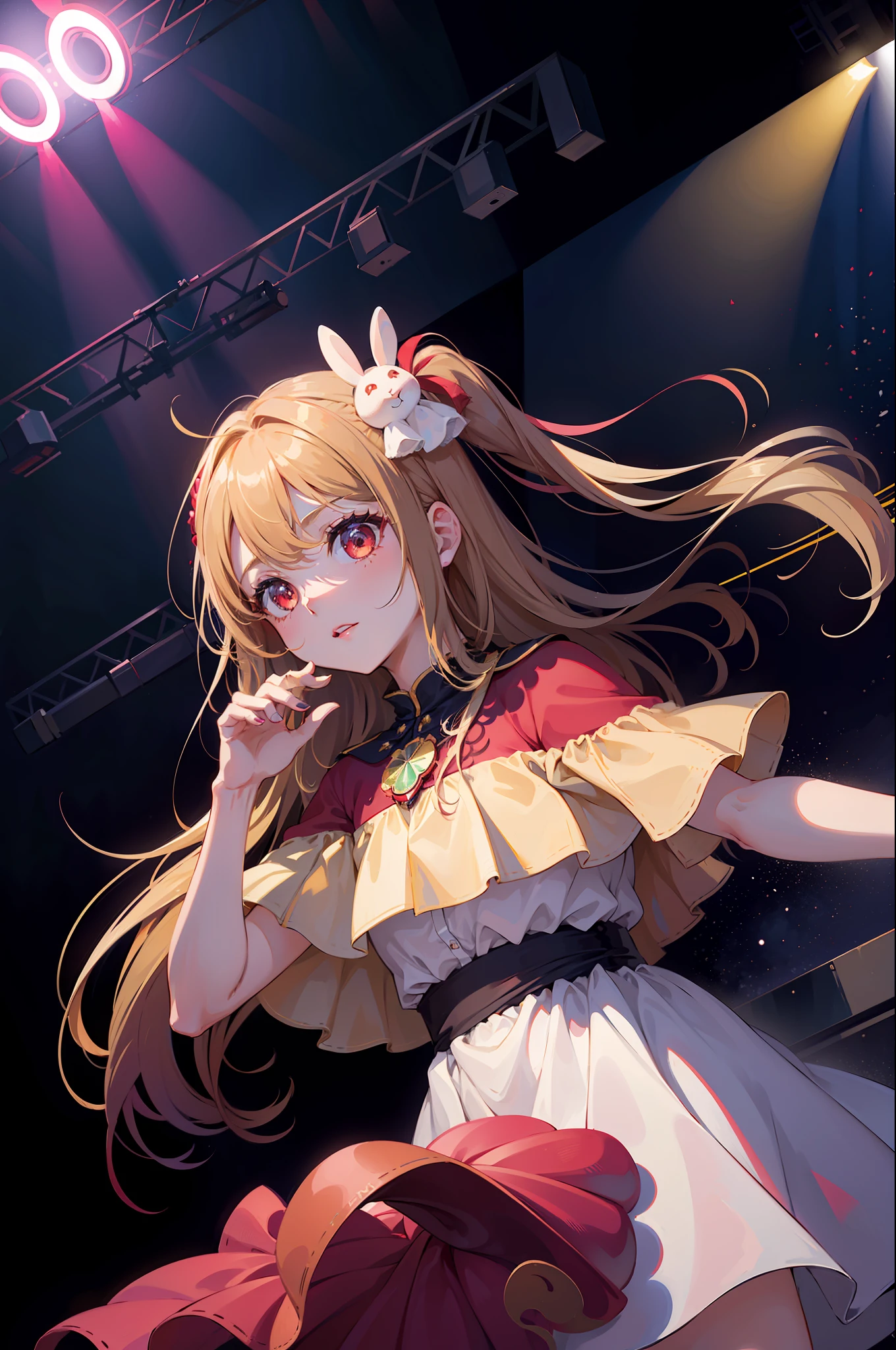 1girl, solo, best quality, masterpiece , Ruby Hoshino,  hair ornament, sparking eyes, star on eye, (star on right eye:1), (dress:1.4), (concert1), on the stage, blonde hair, long gair, red pupils, star on right eye, hair ornament, one side ponytail, red eyes, hoshino ruby, oshi no ko,