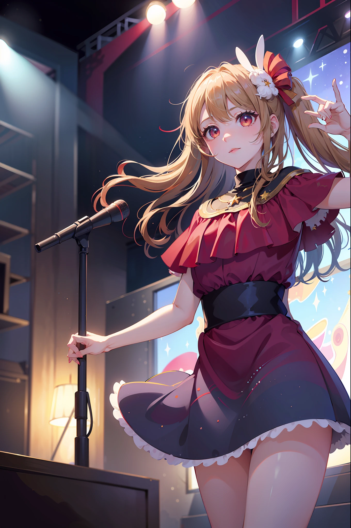 1girl, solo, best quality, masterpiece , Ruby Hoshino,  hair ornament, sparking eyes, star on eye, (star on right eye:1), (dress:1.4), (concert1), on the stage, blonde hair, long gair, red pupils, star on right eye, hair ornament, one side ponytail, red eyes, hoshino ruby, oshi no ko,