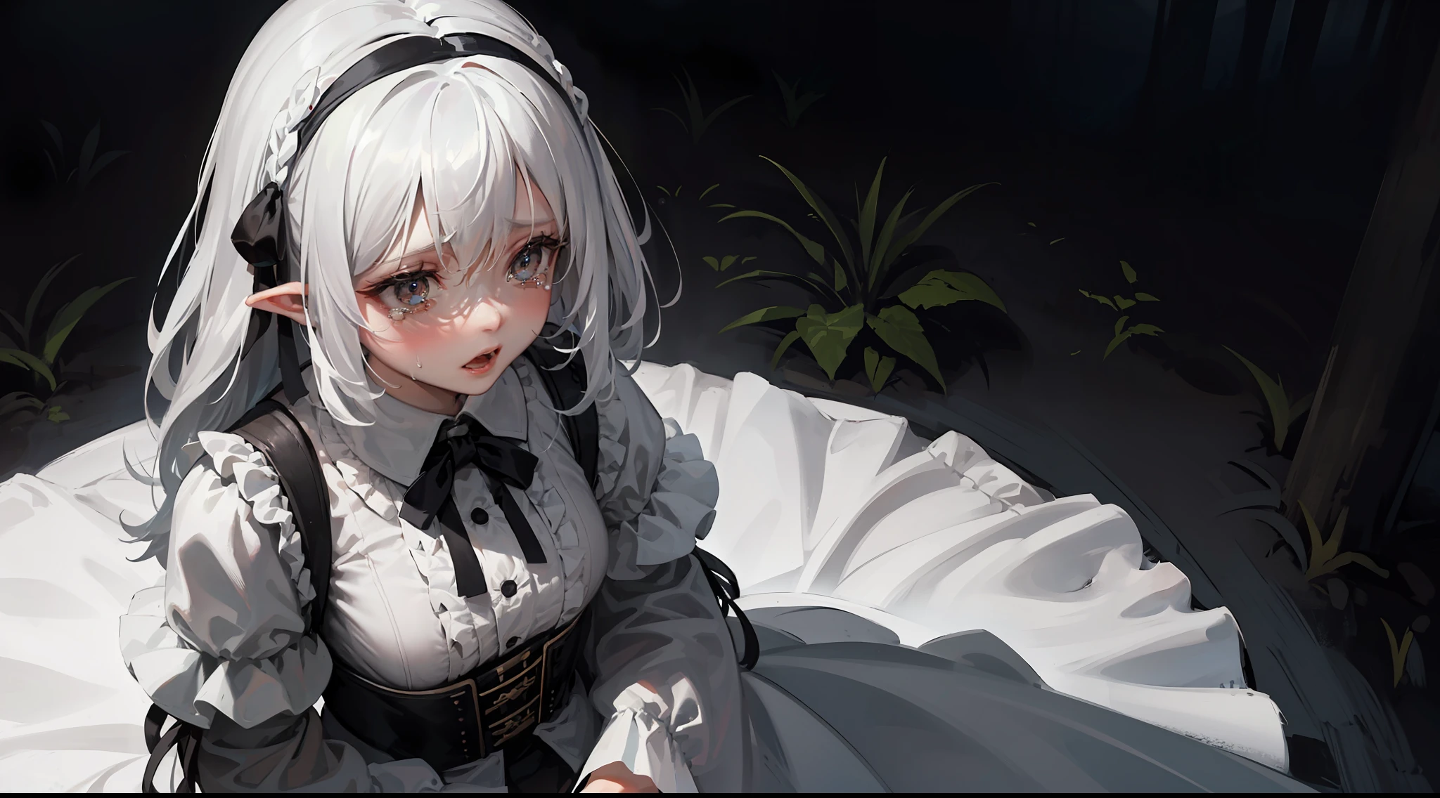 1girl, solo, scared, forest, tears, long white hair, night, white dress, horror, fear