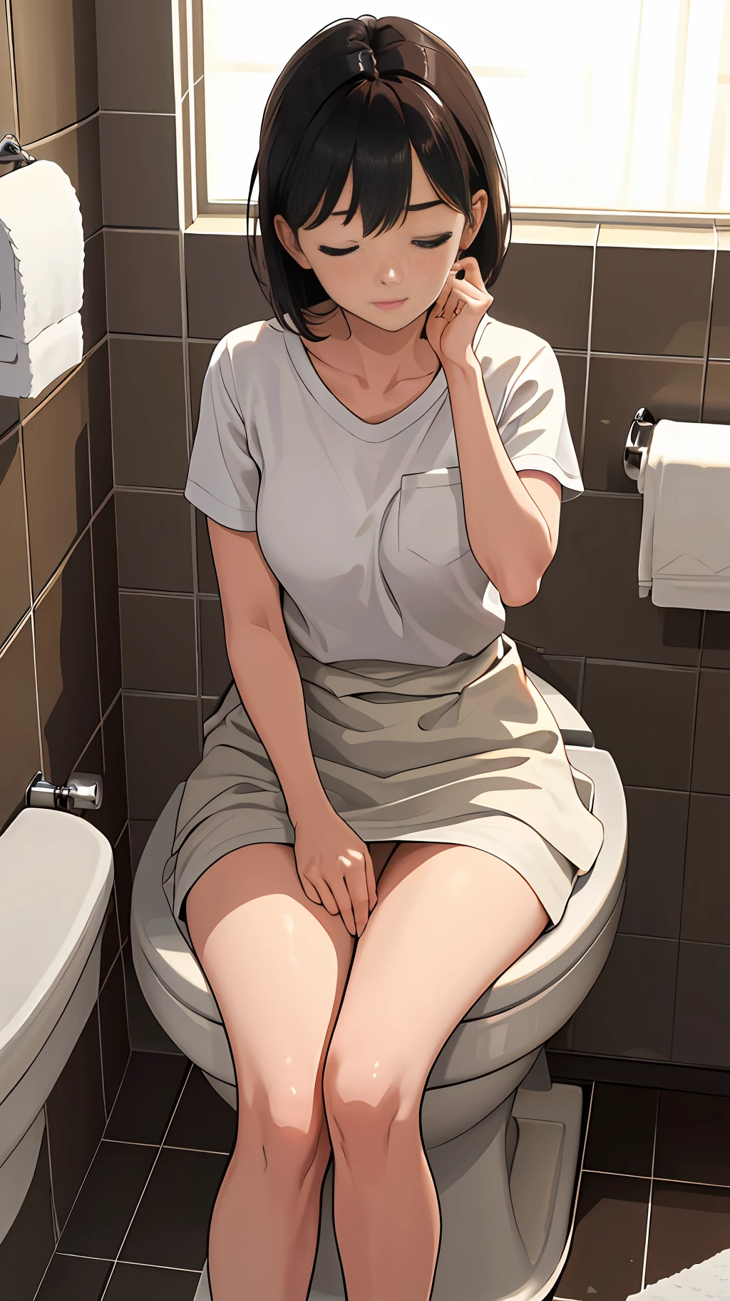 masterpiece, high quality, very detailed, sideways, (toilet use: 1.8), (sitting: 1.2), (pulling panties: 1.4), (bathroom: 1.2), (fresh: 1.7), bottomless, 1girl, interior, (eyes closed: 1.5), surprised, (toilet: 1.3), toilet paper,NSFW