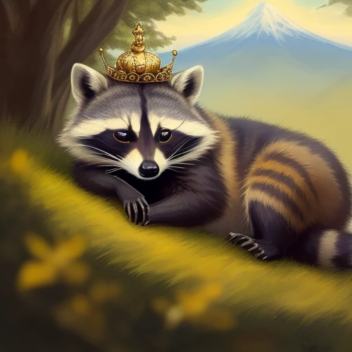 a raccoon that has a golden crown on its head sleeping on a hill far away view