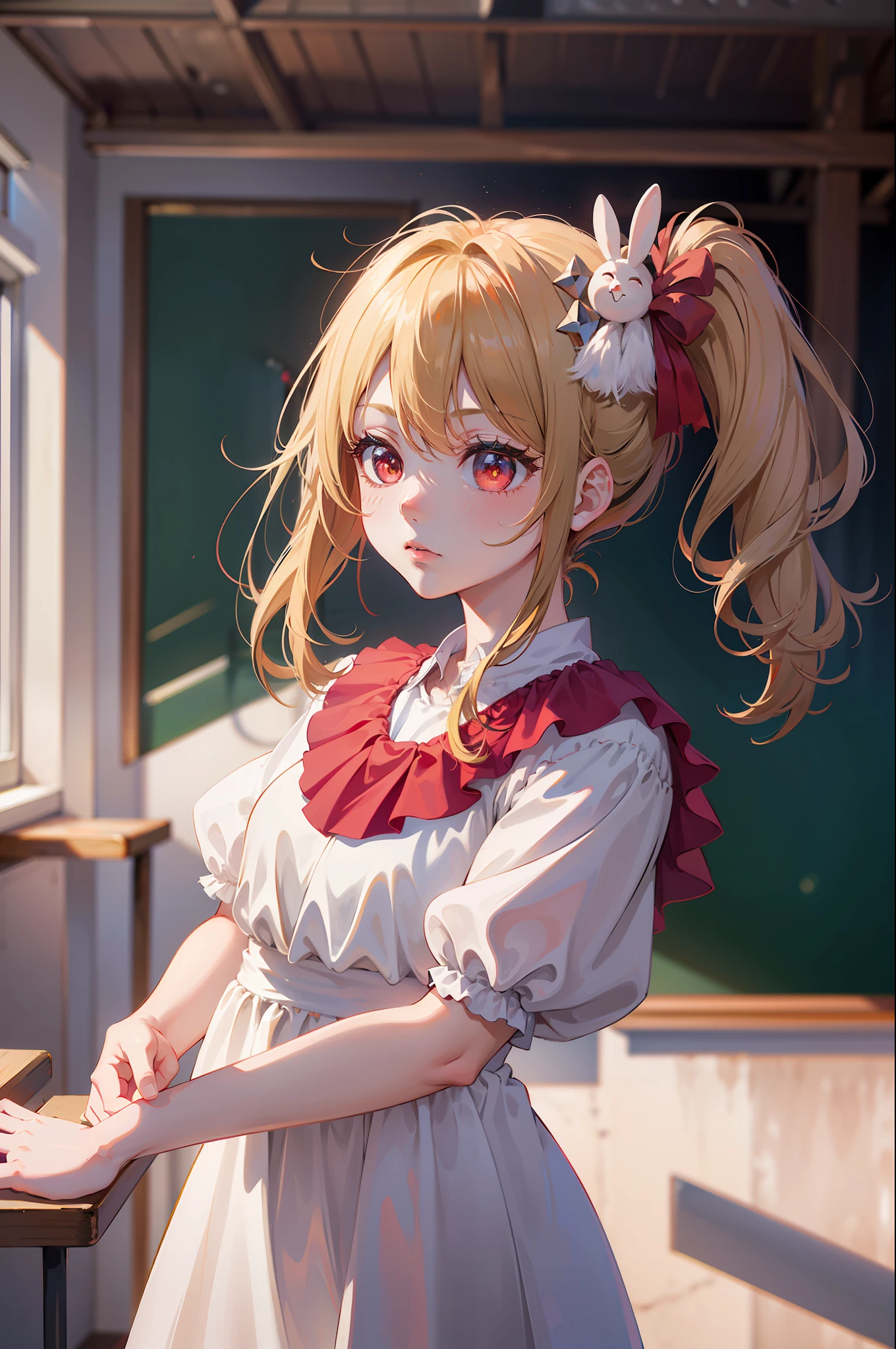 1girl, solo, best quality, masterpiece , Ruby Hoshino, hair ornament, sparking eyes, star on eye, (star on right eye:1), (dress:1.4), blonde hair, long gair, red pupils, star on right eye, hair ornament, one side ponytail, red eyes, hoshino ruby, oshi no ko, school uniform, classroom