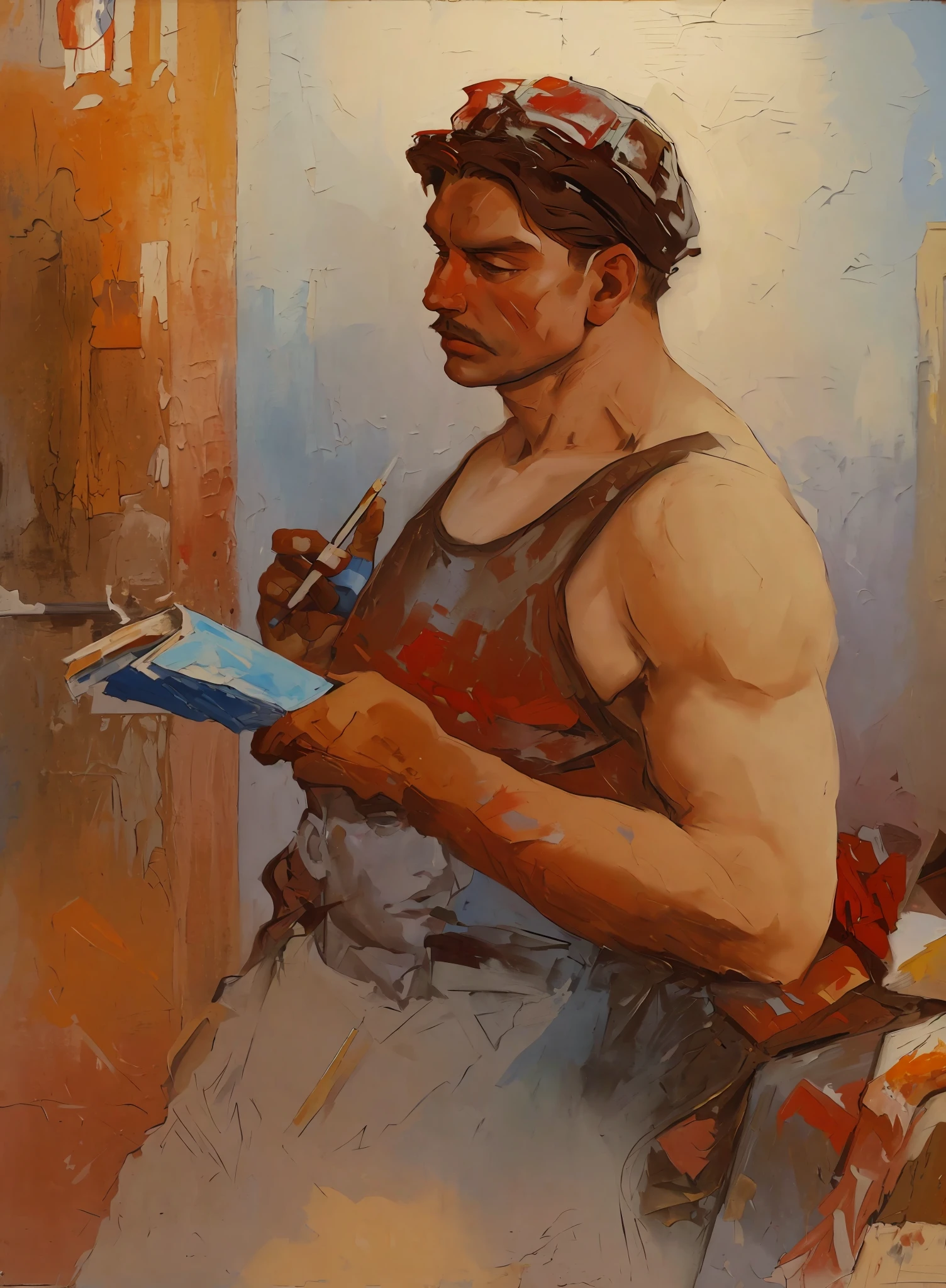 painting of a man holding a cigarette and a book, soviet art, soviet painting, portrait of ernest khalimov, soviet artists, by Ludwik Konarzewski, by Edward Okuń, soviet propaganda painting, soviet paintings, by Yuri Ivanovich Pimenov, leonid, by Franciszek Kostrzewski, male art, painting of a man