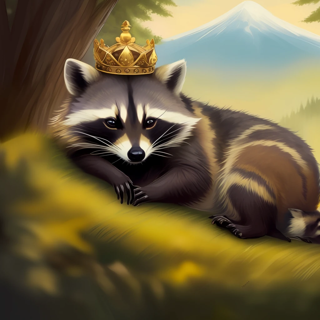 a raccoon that has a golden crown on its head sleeping on a hill far away view