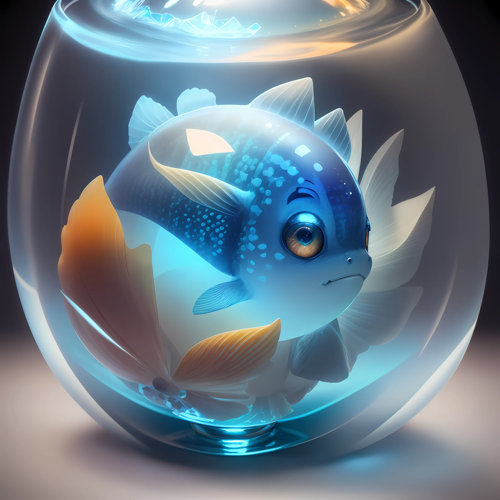 An adorable cuddly cuddly fish cub made of crystal ball with low poly eye highly detailed intricate concept art trend artstation 8k