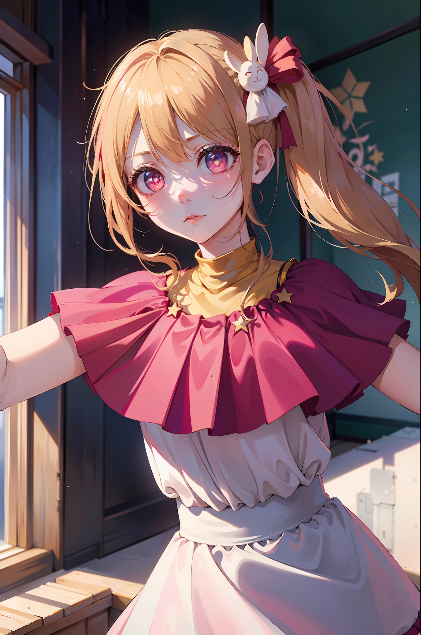 1girl, solo, best quality, masterpiece , Ruby Hoshino,  hair ornament, sparking eyes, star on eye, (star on right eye:1), (dress:1.4), blonde hair, long gair, pink pupils, star on right eye, hair ornament, one side ponytail, pink eyes, hoshino ruby, oshi no ko, school uniform, classroom