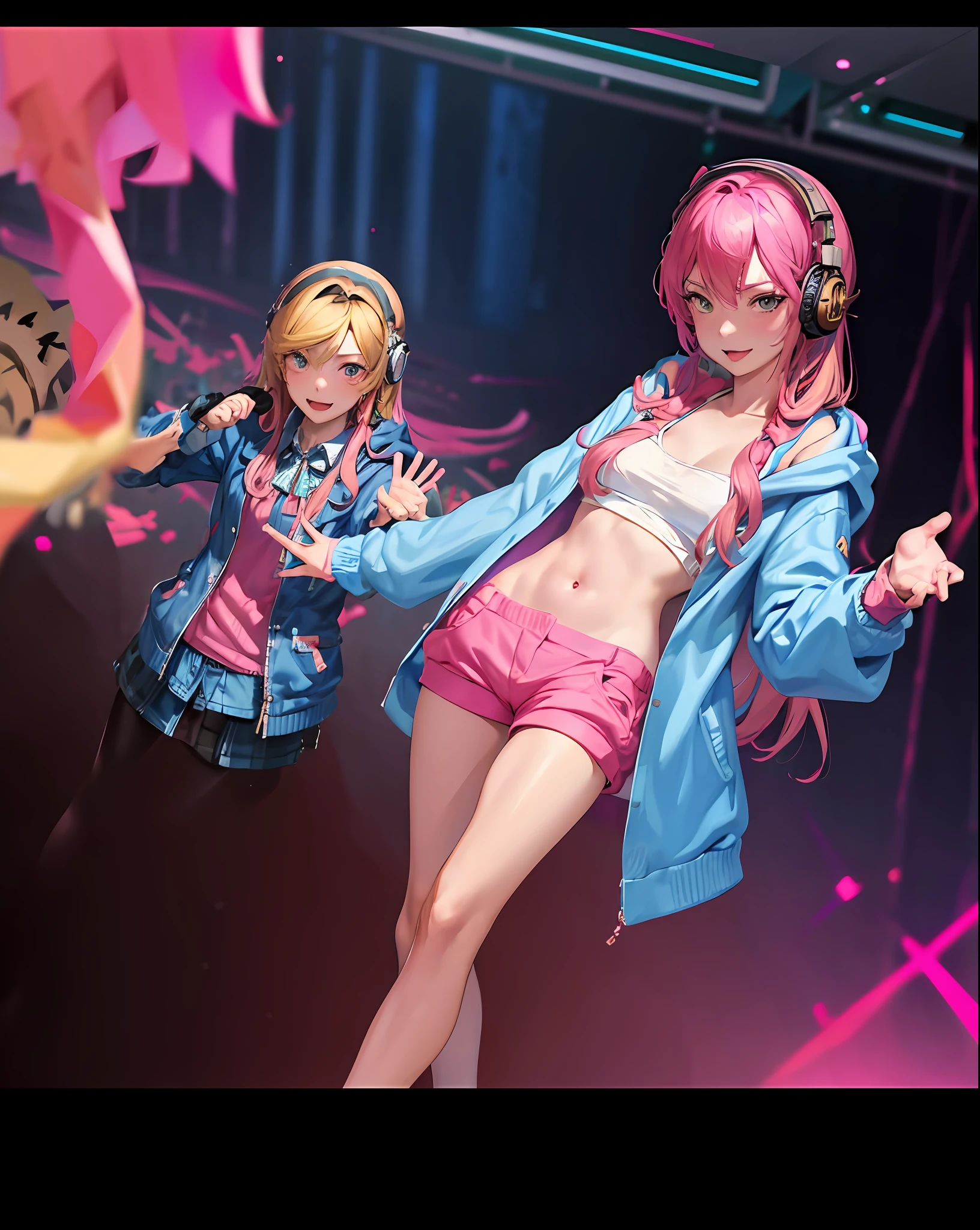 masterpiece, couple, dynamic, host club, champagne tower, raise hands, confident lol, overhead view, strabismus, high resolution, profoto, street corner, crotch, pink, sheer, spotlight, rock singer, 1girl, solo, rainbow hair, hoodie, navel, straight hair, hands in pockets, headphones, long hair, tattoo
