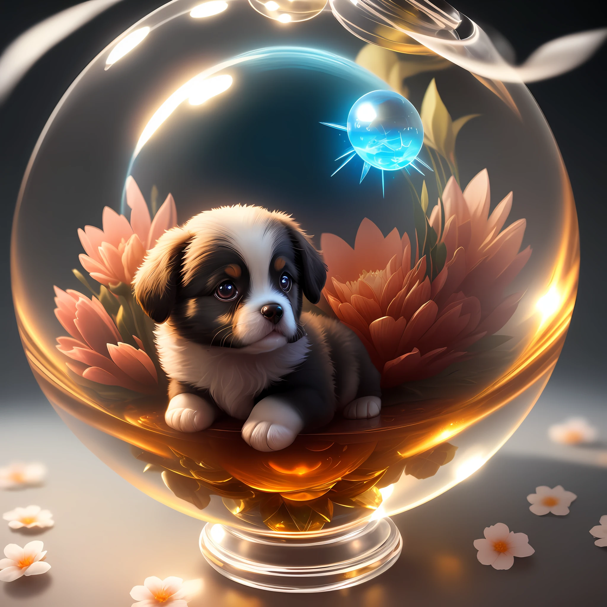 An adorable cute puppy flower made of crystal ball with low poly eye highly detailed intricate concept art trend artstation 8k