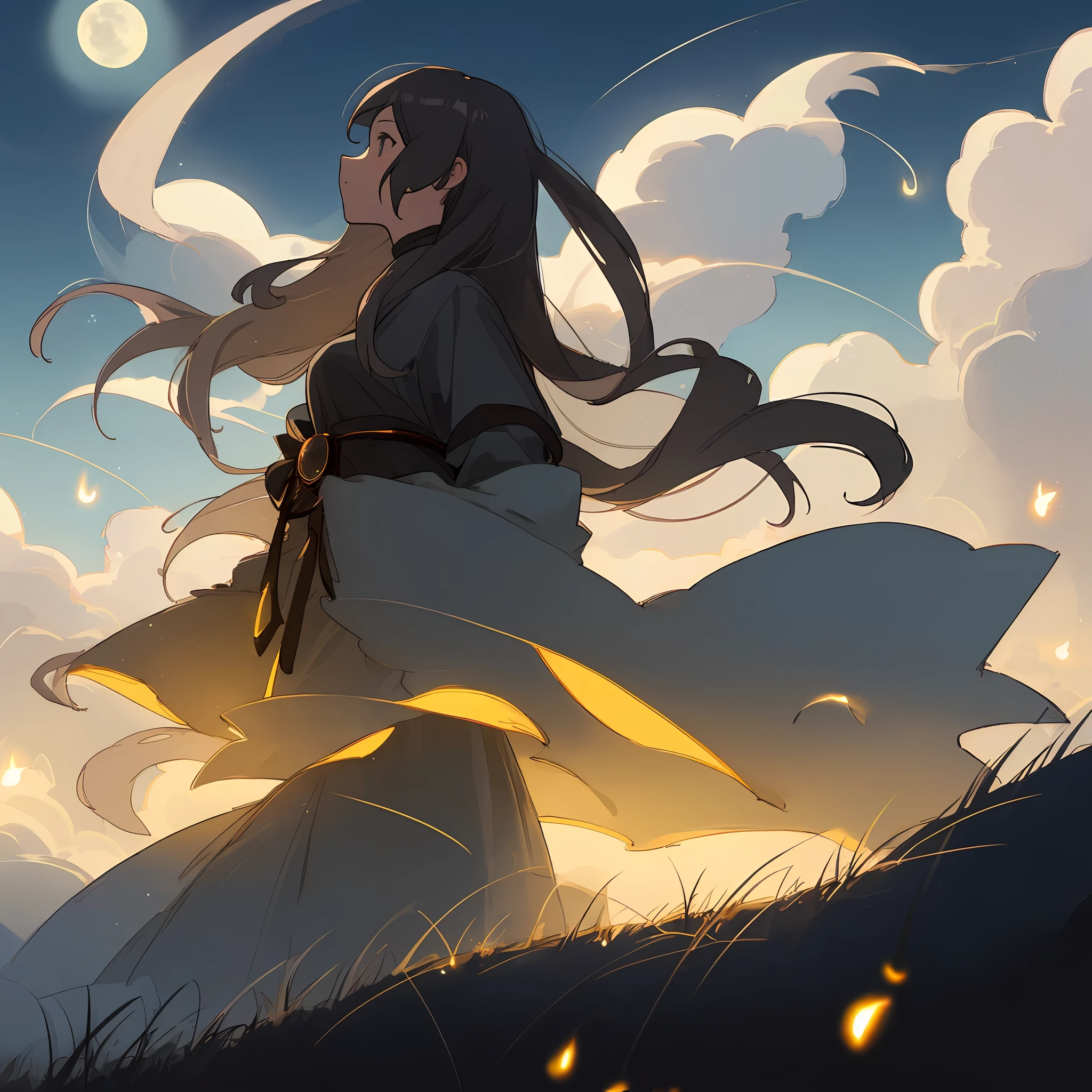 Masterpiece, best quality, night, hills, clouds, full moon, long hair, woman, silhouette, fireflies, diaphragm.