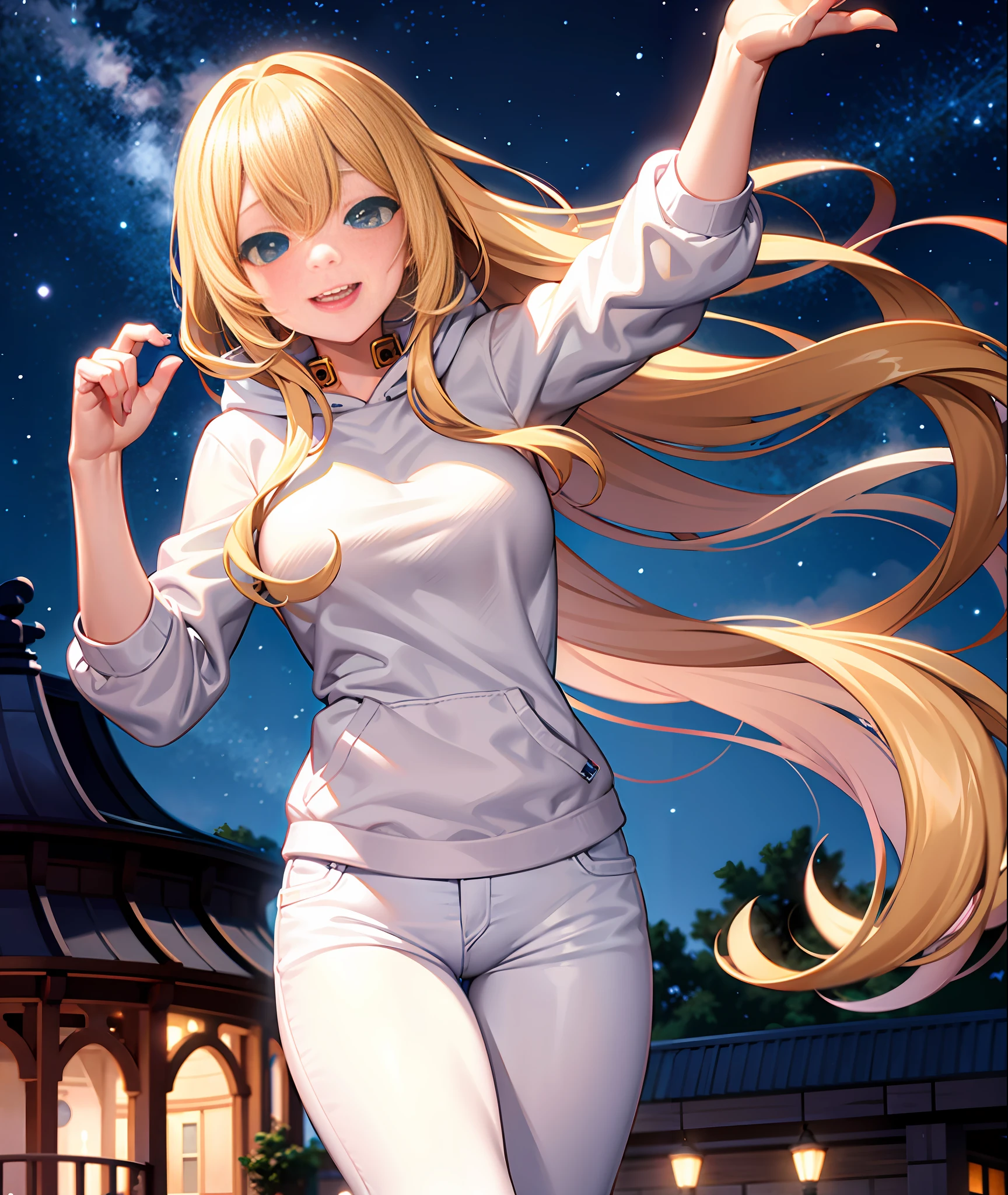 Blonde long hair, white hoodie, jeans, e cup, smiling, park background, night sky, bright eyes