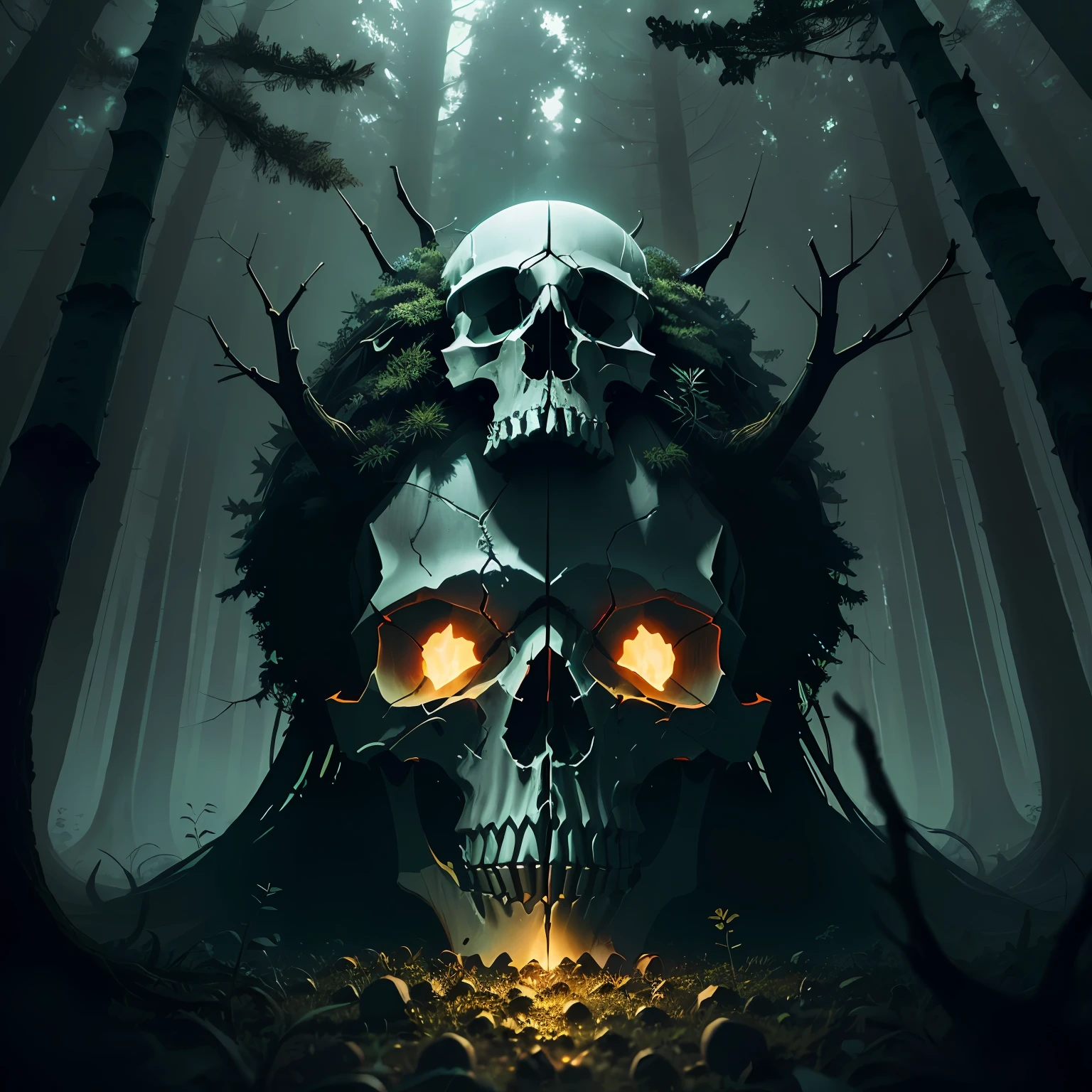 A skull in the forest at night with ants