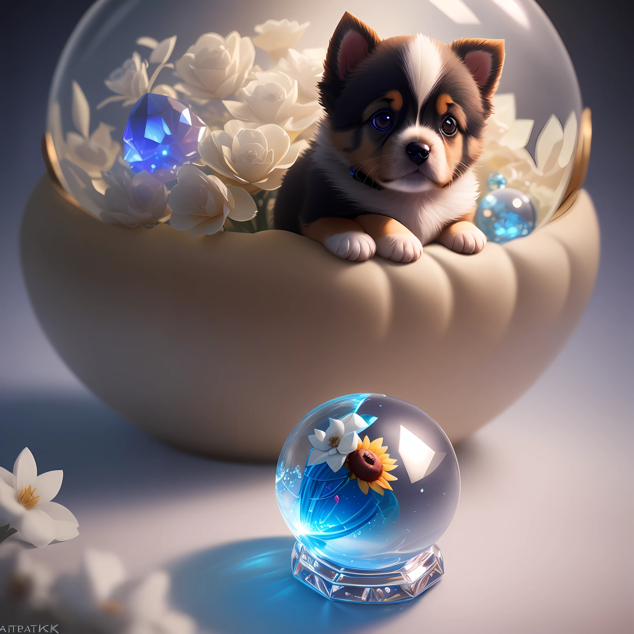 An adorable cute puppy flower made of crystal ball with low poly eye highly detailed intricate concept art trend artstation 8k