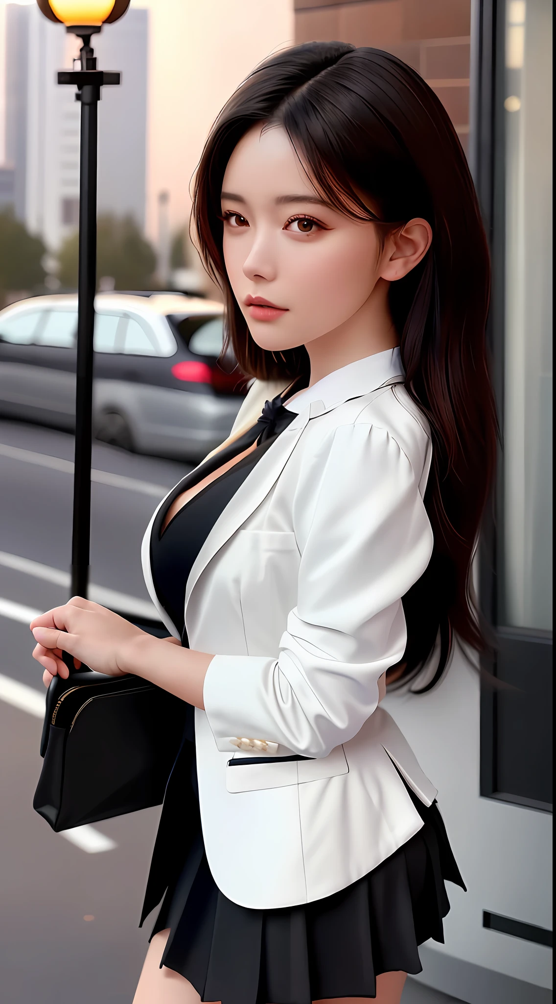 best quality, masterpiece, 1girl, Beautiful face, (photo realistic:1.3), rim lighting, (high detailed skin:1.2), 8k uhd, dslr, high quality, high resolution, 4k, 8k, Bokeh, absurdres, best ratio four finger and one thumb, (realistic:1.3), cute 1girl, wearing black formal blazer, medium breasts, short skirt,