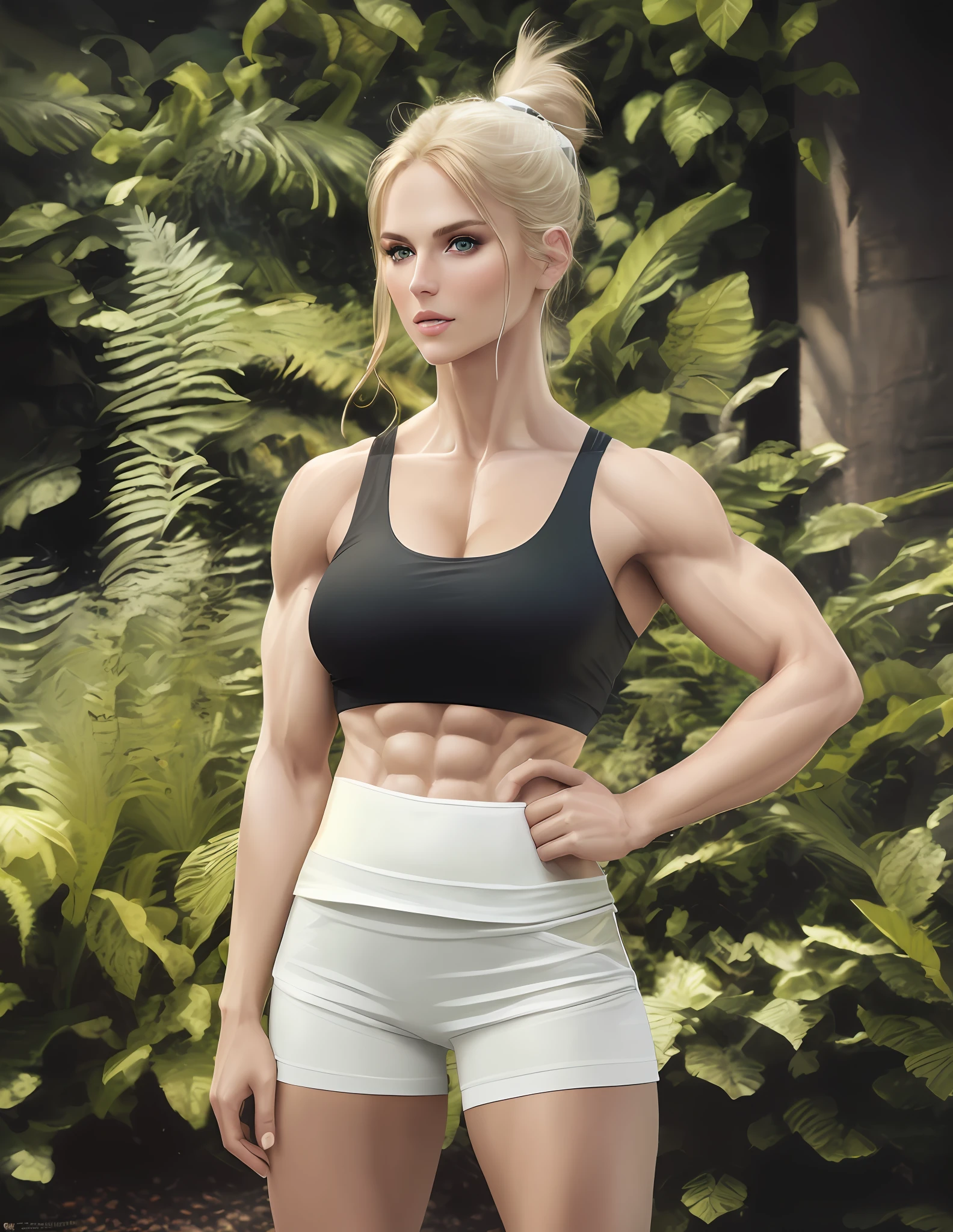 "Masterpiece, high quality, detailed, high resolution, 4k, 8k, realistic skin texture, amazing shadows, perfect lighting, hyper-realistic." One woman, blond hair, white tanned skin, strong, toned abs, green eyes, posing for pics.