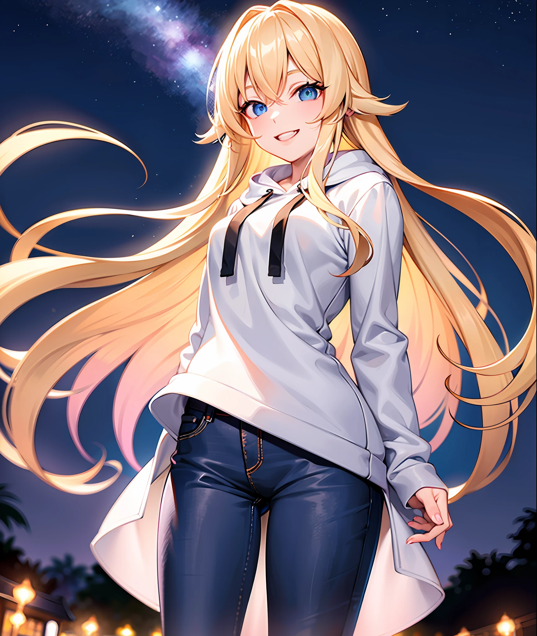 Blonde long hair, white hoodie, jeans, e cup, smiling, park background, night sky, bright eyes