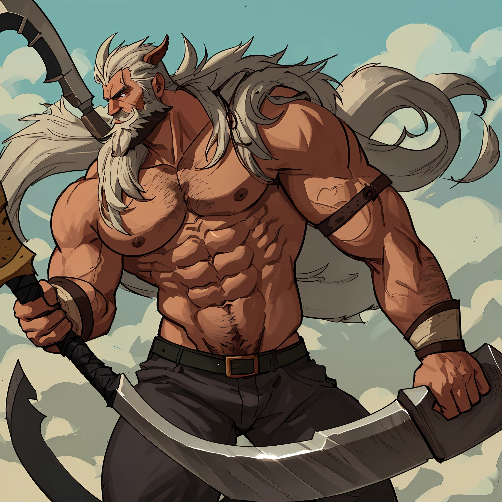 a cartoon of a man with a beard and a large axe, with axe, male warrior, with an axe, beefcake pose, gigachad muscular, male centaur centaur chimera, male art, technoviking male with no shirt, pinup. lord of daggers, with a two handed axe, muscular male hero, mid-shot of a hunky