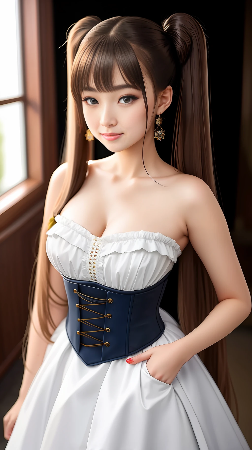 (best quality, masterpiece: 1.1), (fidelity: 1.4), 1girl, upper body, bustier, twintails, studio