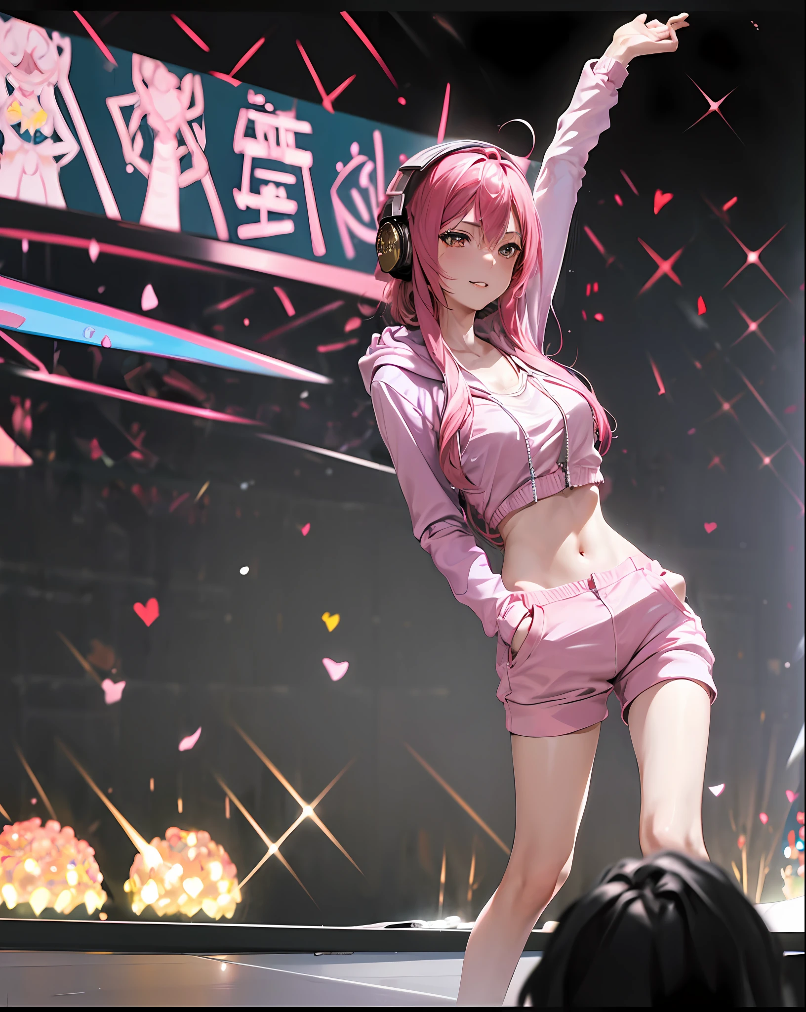 masterpiece, couple, dynamic, host club, champagne tower, hands up, confident lol, overhead view, strabismus, high resolution, profoto, street corner, crotch, pink, sheer, spotlight, rock singer, 1girl, solo, rainbow hair, hoodie, sweat, navel, straight hair, hands in pockets, headphones, long hair, tattoo