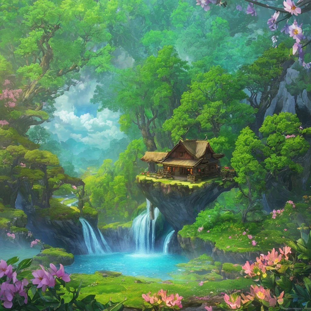 Masterpiece, best quality, (very detailed CG unity 8k wallpaper), (best quality), (best illustration), (best shadows), (many layers of strangely shaped huge log cabins)), (large trees in the distance, colorful clouds, flocks of birds), (caves, waterfalls) fluttering leaves, petals, ((many flowers on the grass: 1))), isometric 3D, octane rendering, ray tracing, (fantastical, dreamy, colorful), very detailed