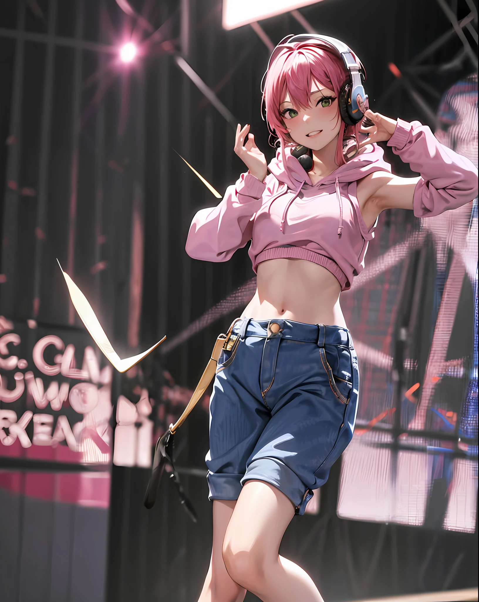 masterpiece, couple, dynamic, host club, champagne tower, hands up, confident lol, overhead view, strabismus, high resolution, profoto, street corner, crotch, pink, sheer, spotlight, rock singer, 1girl, solo, rainbow hair, hoodie, sweat, sleeveless, navel, straight hair, hands in pocket, headphones, long hair, tattoo