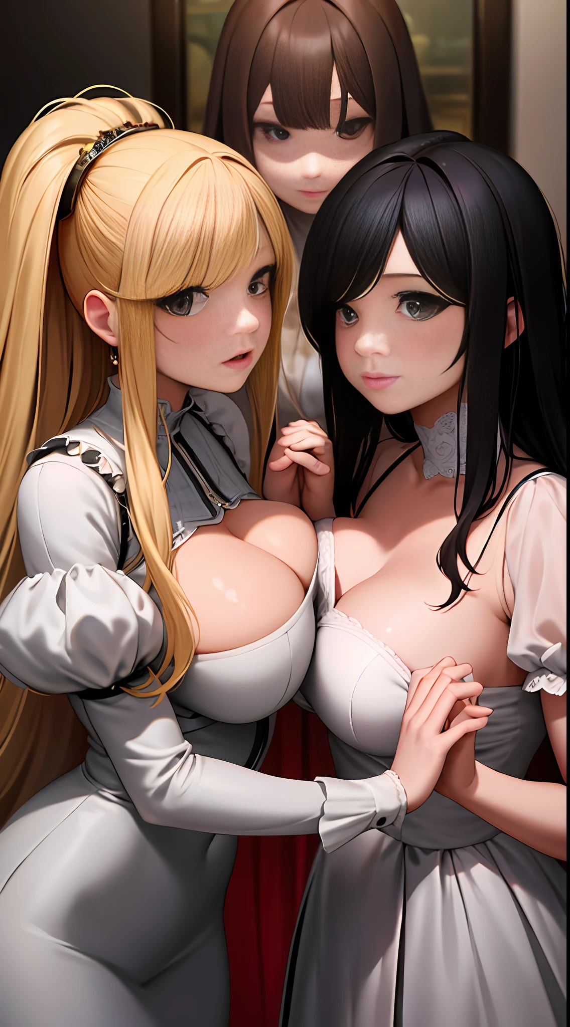 Three perfectly sized girls face off, six hands intertwined in the air, detailing each hand detail (up to five fingers per hand). Their bodies were close together, kissing each other affectionately and holding each other's bodies with their hands. {{Best Quality}} {{Super Detail}} {{Masterpiece}} {{Best quality}}. Their bodies are flawless, their faces are delicate, Barbie dolls, and they are heartwarming. {{Oversized breasts }},{ Hand-held breasts },{{ Perfect figure }},{ Tightness of hips },{{ Perfect proportion of facial features}},{{masterpiece}}, {{{best quality}}},{{ultra-detailed}} , {{illustration}},{{masterpiece}},{{{best quality}}},{{ultra-detailed}}, {{{illustration}}},{{disheveled hair}},clear facial features,beautiful scene,Photorealism,Realism, Photorealistic,high detail,hyper quality,high resolution,trending on artstation,hyperrealism,HD,16K,Unreal engine,rendered in octane,Corona Render,tilt-shift,Bottom view, Rembrandt Lighting,
