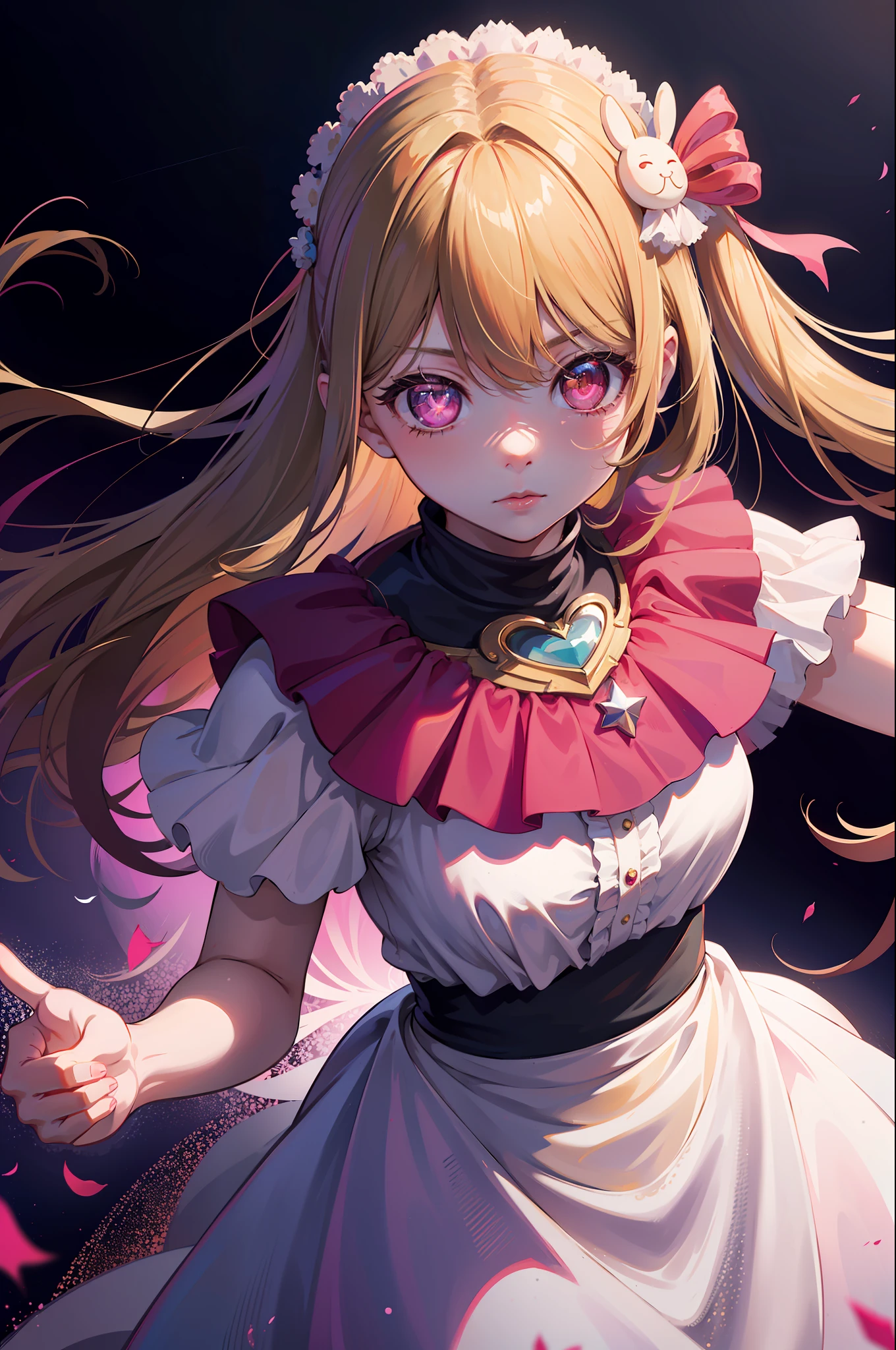 1girl, solo, best quality, masterpiece , Ruby Hoshino, hair ornament, sparking eyes, star on eye, (star on right eye:1), (dress:1.4), blonde hair, long gair, pink pupils, star on right eye, hair ornament, one side ponytail, pink eyes, hoshino ruby, oshi no ko, wedding dress