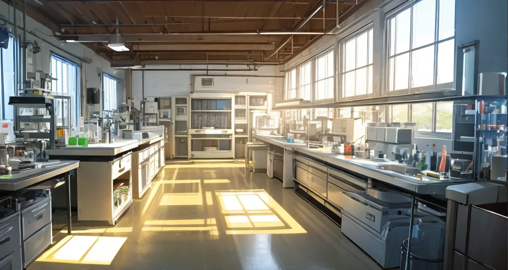 A large biological laboratory, indoors, wide-angle overhead lenses,