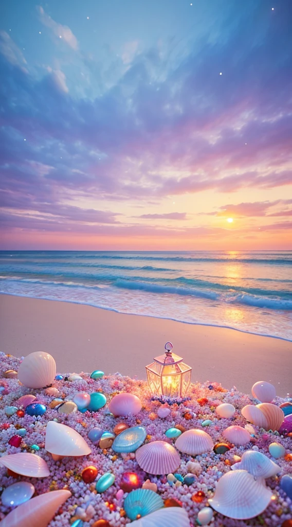 A CG rendering of many beautiful pale pink large shells and pale colour conch shells on the beach with a ring of sparkling rosettes, as crystal clear as glass. transparent colored Colorful stones,transparent,glittering,The moonlight shines on the snow-white beach, the blue sea, pearls, super details, fireflies, light effects, fairyland romance: 1" by thomas kinkade, Krenz and victo nagi, cgsociety trends, soft light, super wide-angle, distant view, fairy tale, fantasy, 8K HD wallpaper: 1 piece, Oversaturation, People, Signature, Blur, Depth of Field HD 16k