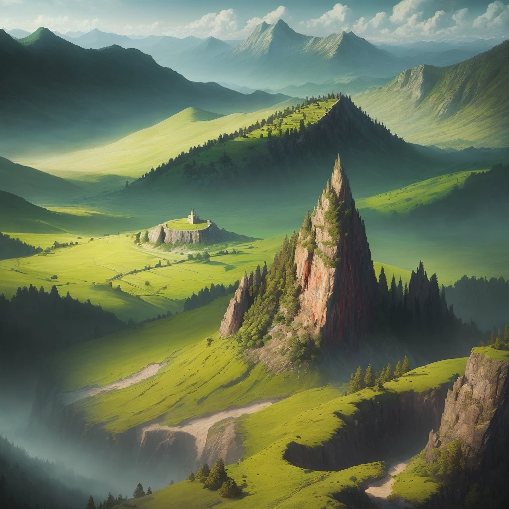Masterpiece, landscape, hill, beautiful, photorealistic, red sky, city in the background, lots of trees