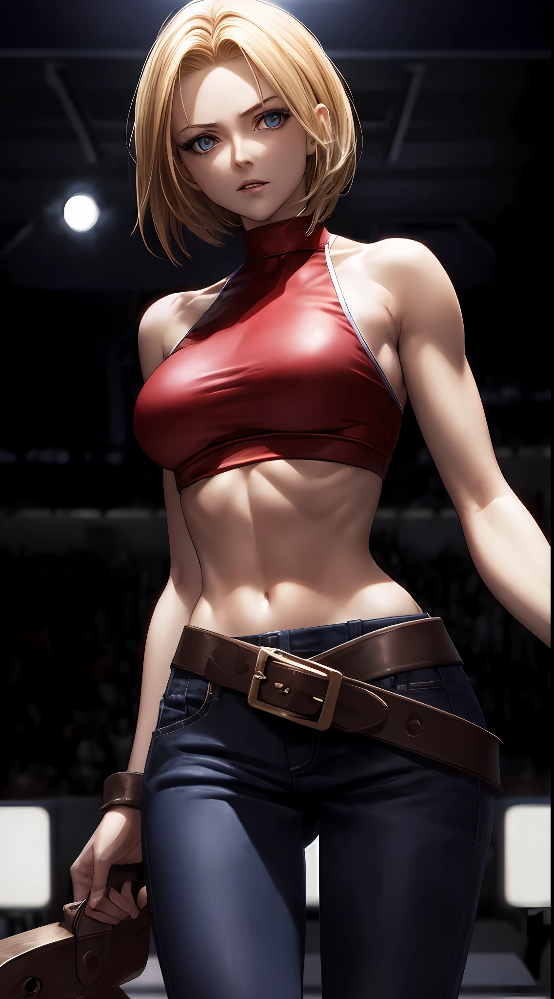 Thunderbolt, Maryms Works, Best Picture Quality, Big Eyes, Small Breasts, Thin Waist, Night, Bright Skin, Puffy Eyes, Firm Expression, Red Top, Jeans, Facing the Audience, Holding Your Head in Your Hands
