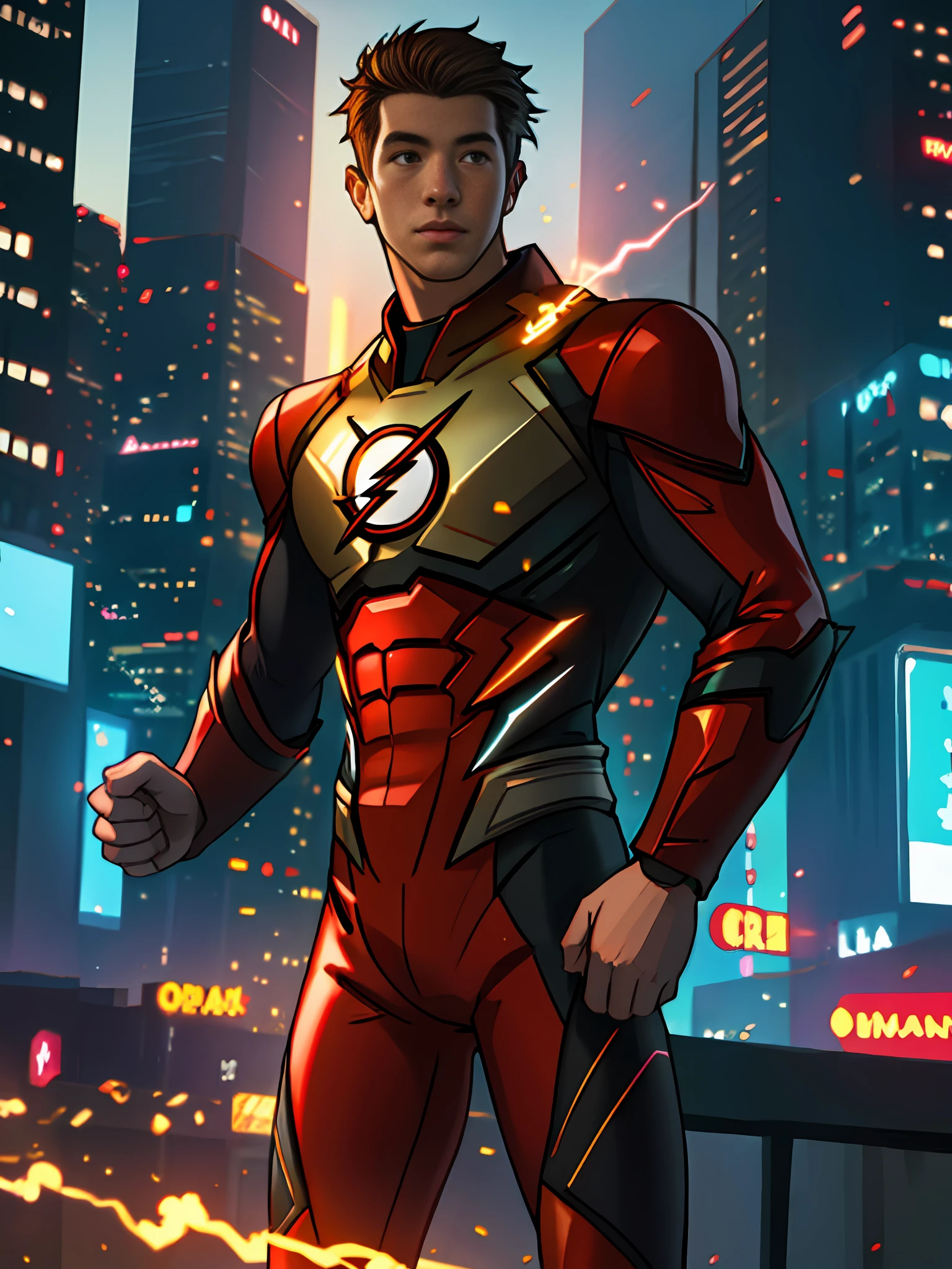 the flash man, in the background a city, ultra details, ultra realistic, cinematic , octane render, 16k