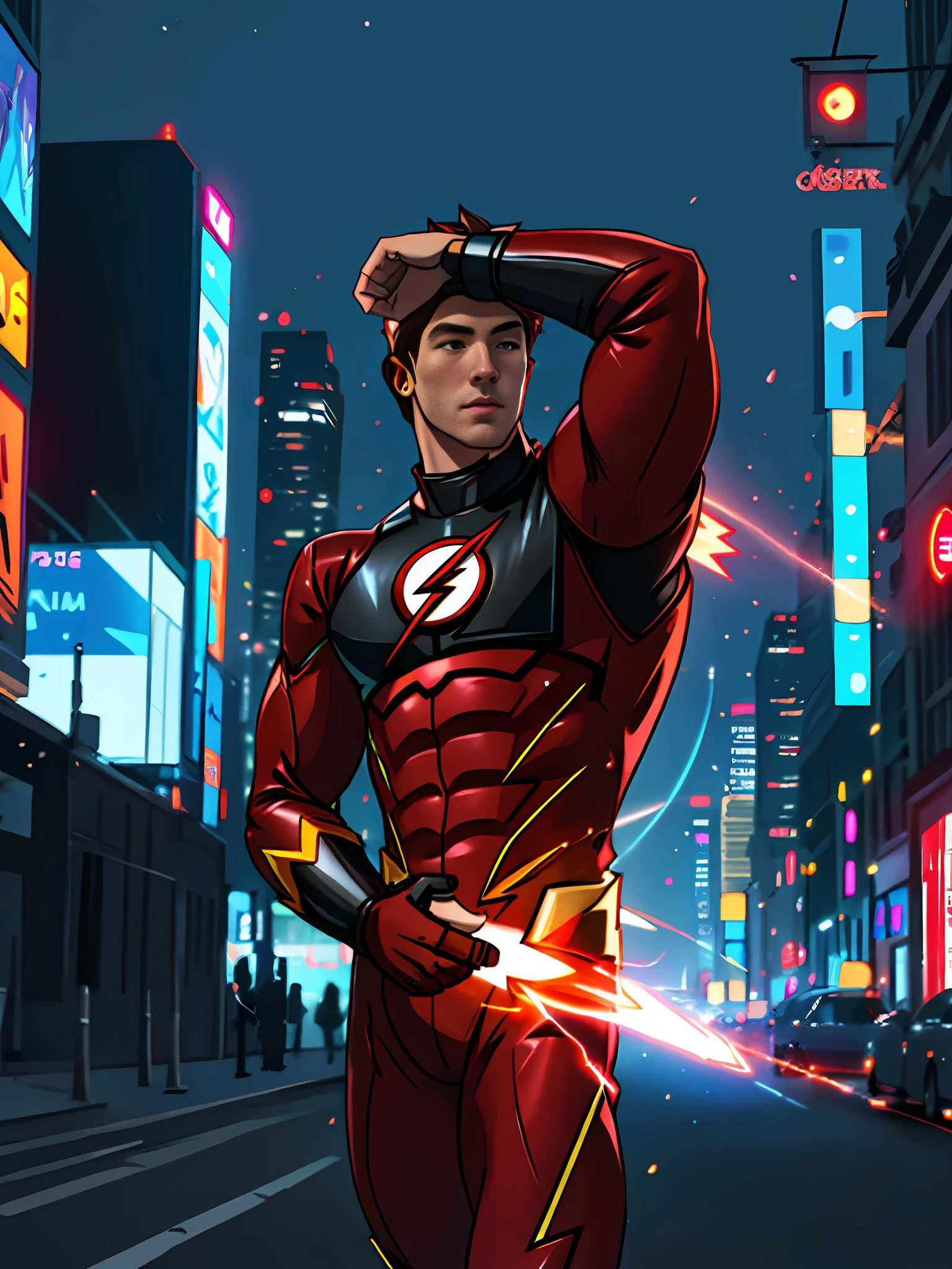 the flash man, in the background a city, ultra details, ultra realistic, cinematic , octane render, 16k
