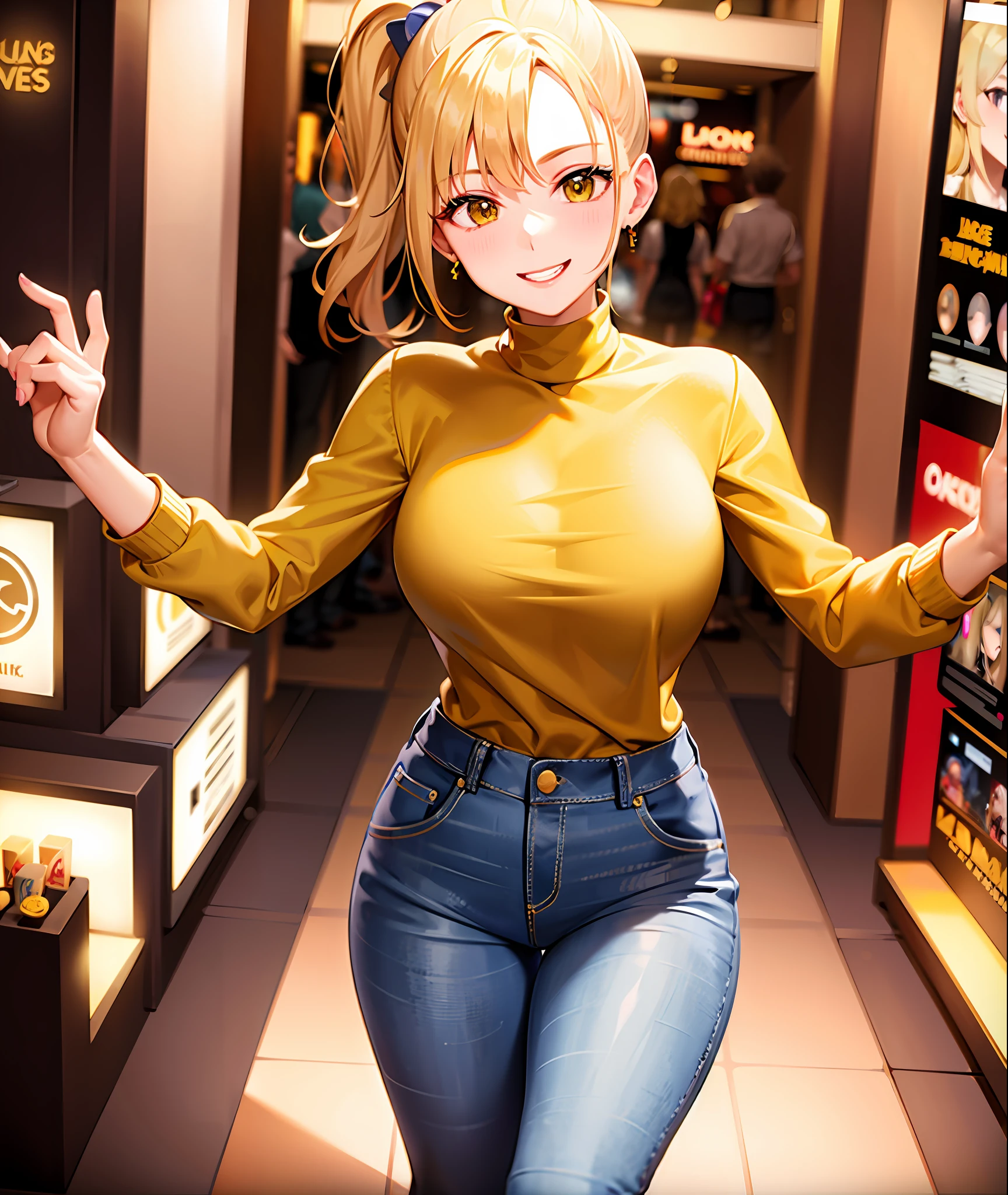 Blonde ponytail, yellow turtleneck, jeans, d cup, smiling, mall background