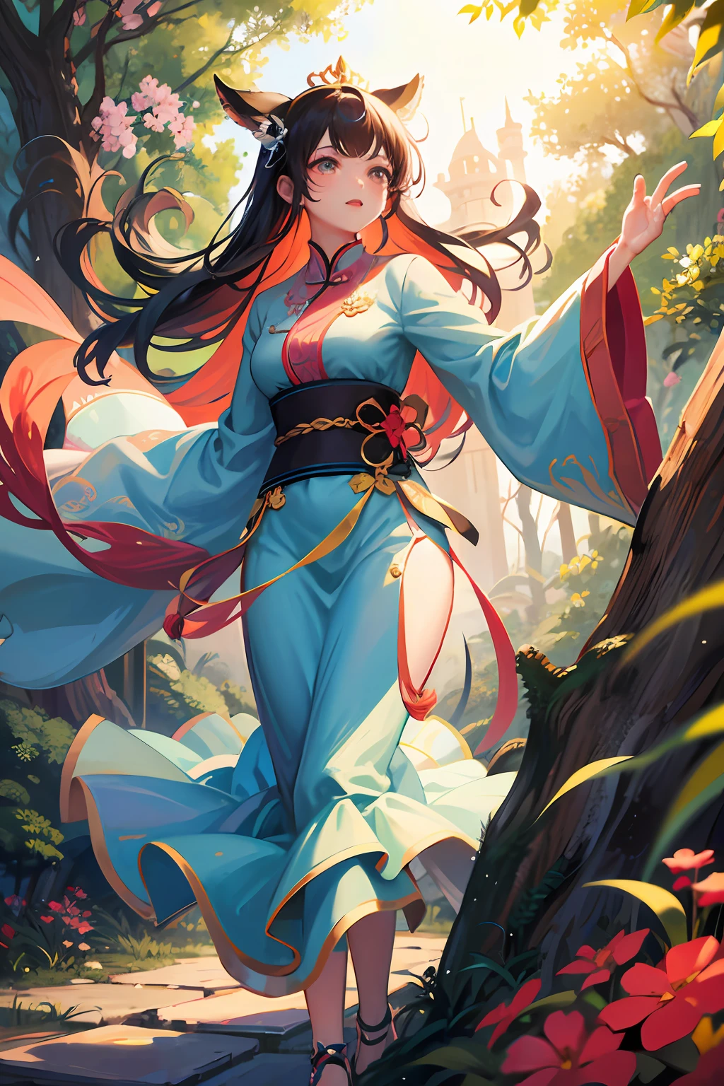 杰作，最高质量，独奏，（完美脸：1.1），（高细节：1.1），戏剧性，动态姿势，1girl，28岁，又纯又欲，黑发，明亮有神美丽眼睛，独奏，精致有特色的俏脸，长发，弯曲，大腿，纤细高挑身材，粉嫩薄嘴唇, In a dreamlike forest filled with vibrant flowers and lush greenery, a stunning national cartoon goddess walks gracefully. She is the epitome of beauty and sensuality, with curves in all the right places and a captivating gaze. Her long hair flows behind her as she moves, and her outfit is both elegant and alluring. As she walks, flowers bloom in her path, adding to the enchanting atmosphere of the scene. It’s as if she’s walking in a dream, surrounded by beauty and wonder.