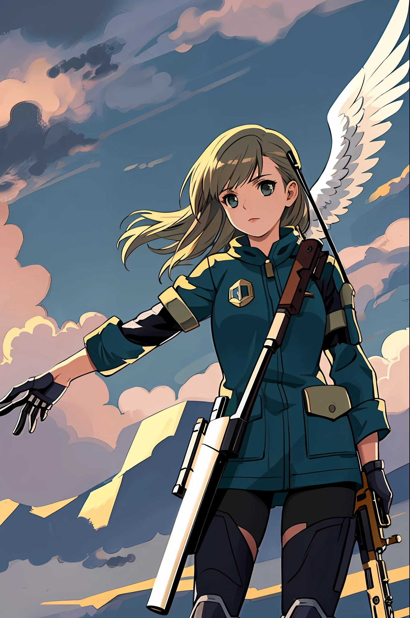 angel with shotgun, best quality, detailed background, girl, mechanical arms, overcast sky,