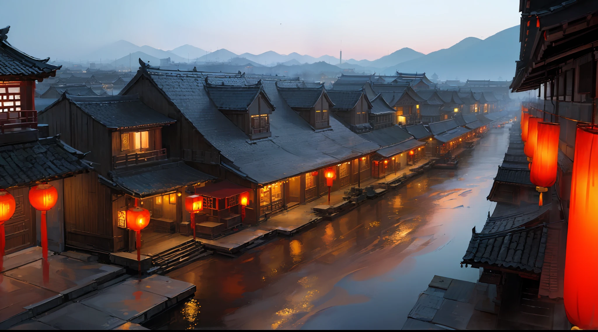 (landscape:1.5), small chinese city, chinese new year, holiday, day, holiday preparations, lots of people, very beautiful, (detailed lighting:1.2), detailed textures