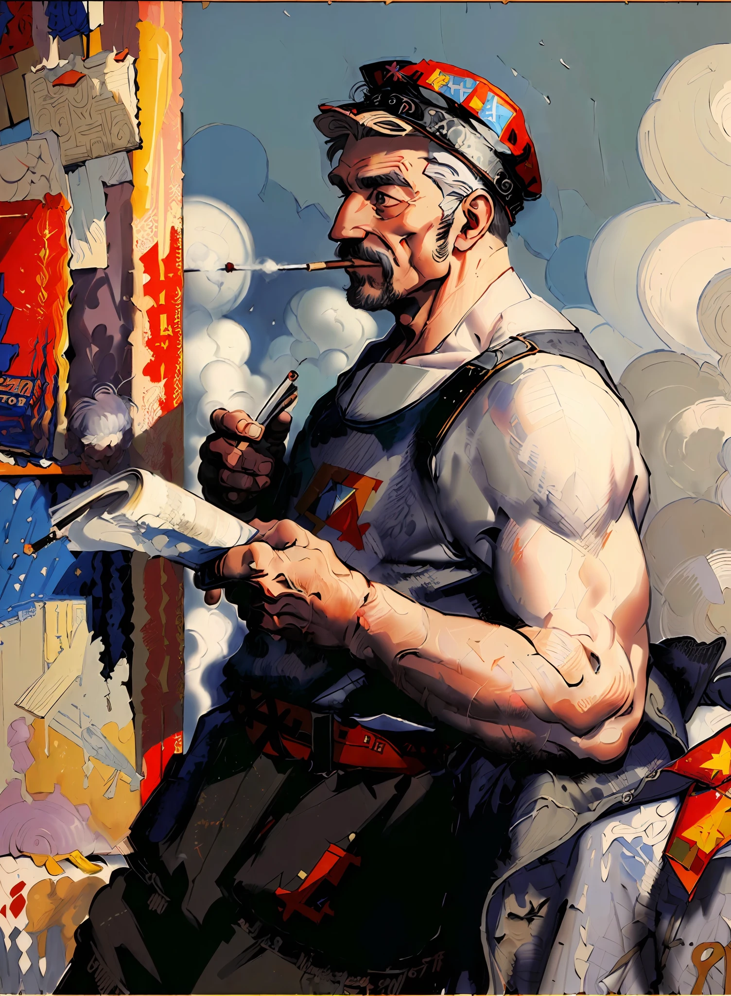 ((soviet art:1.3,soviet painting:1.3),detailed painting,((1man),holding a cigarette AND a book),((gray hair:1.2, black hair:1.2, white hair:1.2),retro clothing),nostalgic atmosphere)