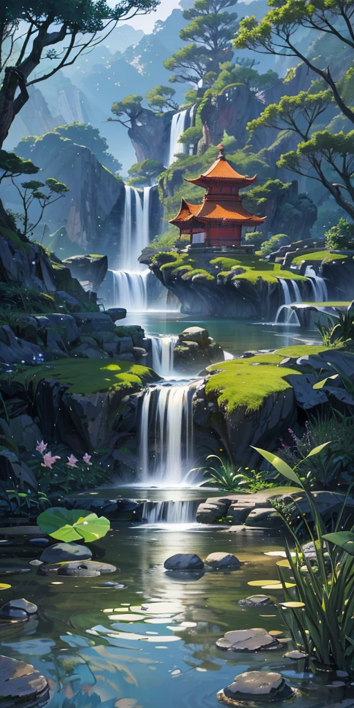 Ancient Chinese architecture, garden, bamboo, lake, stone bridge, rockery, arch, corner, rockery, tree, flowing water, landscape, outdoor, waterfall, meadow, rock, water lily, stream, lotus, moon, night view, hot springs, water vapor, (illustration: 1.0), epic composition, realistic lighting, high-definition detail, masterpiece, best quality, (very detailed CG unified 8k wallpaper), (best quality)