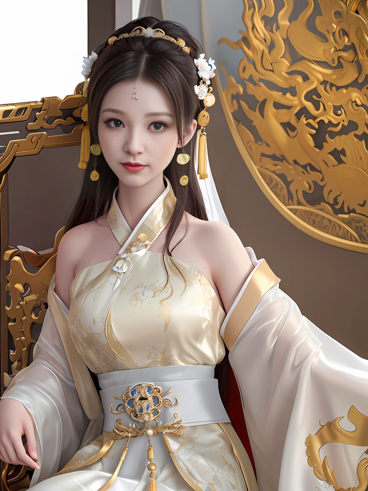 Best quality,masterpiece,high resolution,1 girl,(hanfu:1.2),(gold thread stitching:1.1),White translucent silk dragon robe,(Translucent Silk Dragon Robe:1.3),(Inside the ancient Chinese palace:1.2),(smile:1.1),lips,dress,(hair accessories:1.2),(Ancient Chinese dragon chair:1.3),necklace,(jewelry:1.1),long hair,Medium chest,earrings,delicate beautiful eyes,delicate eyelashes,beautiful face,upon_body,tyndall effect,(realistic:1.2),edge lighting,two-tone lighting,(high detail skin:1.2),8K UHD,DSLR camera,soft light,high quality,volumetric light,snapshot,(photo:1.1),high resolution,supreme,high resolution,detailed eyelashes,beautiful face,body,tyndall effect,two-tone lighting,(high detail skin:1.2),8k ultra high definition,soft light,high quality,volumetric lighting,candid shooting,(low angle shot:1.1),