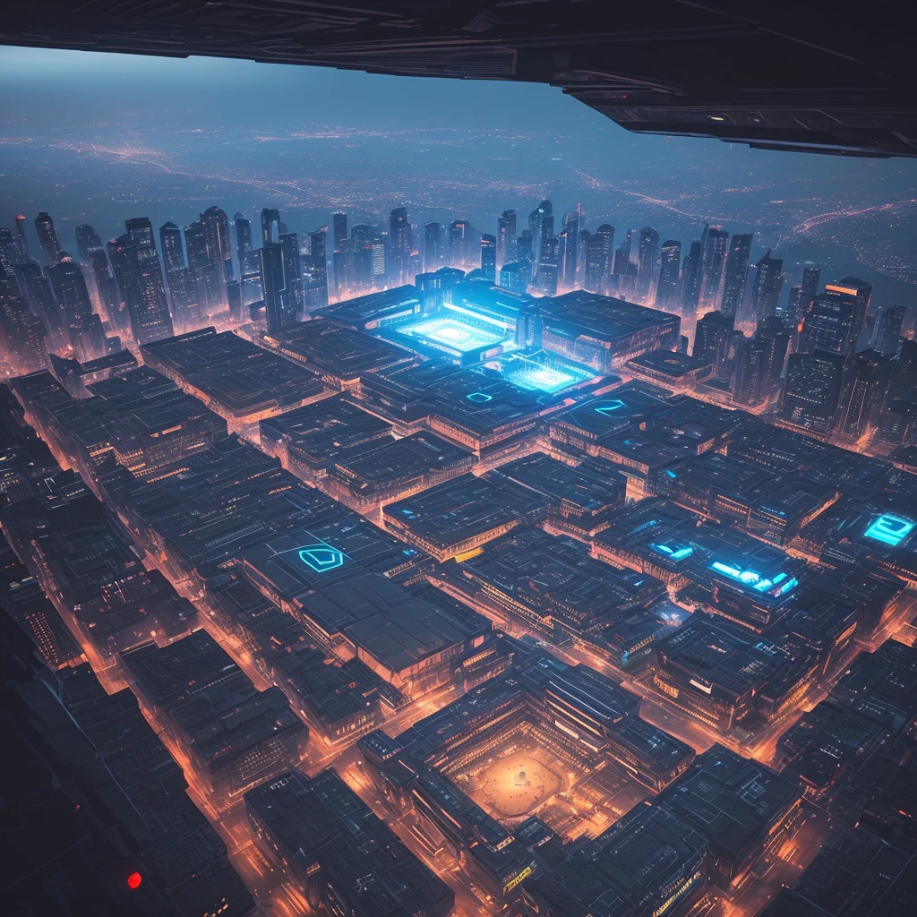 view from above, dark background, low key, giant futuristic arena, cyber arena, cyberpunk, neon, darkness, sci-fi, deep shadows, high contrast, high quality, masterpiece