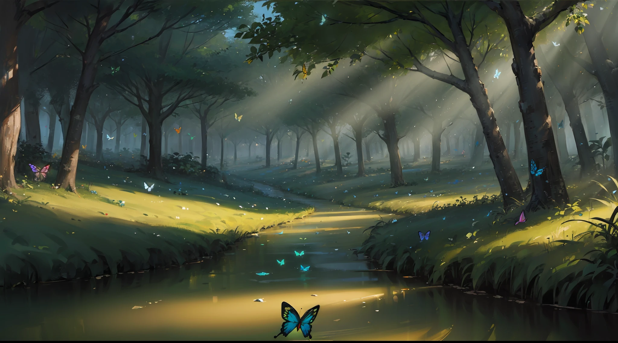 (landscape:1.5), jungle filled with colorful butterflies, no people, (detailed lighting:1.2), detailed textures