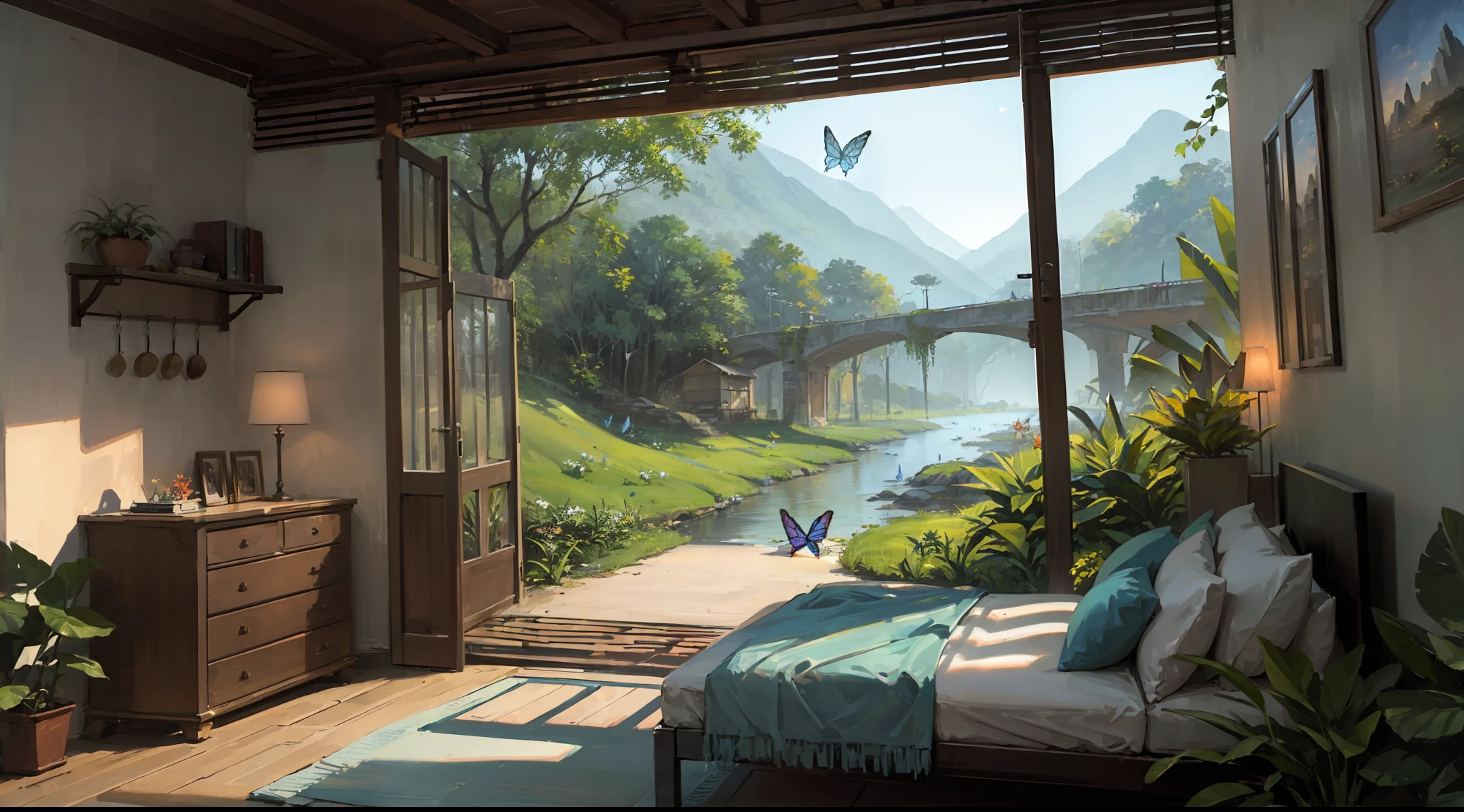 (landscape:1.5), jungle filled with colorful butterflies, no people, (detailed lighting:1.2), detailed textures