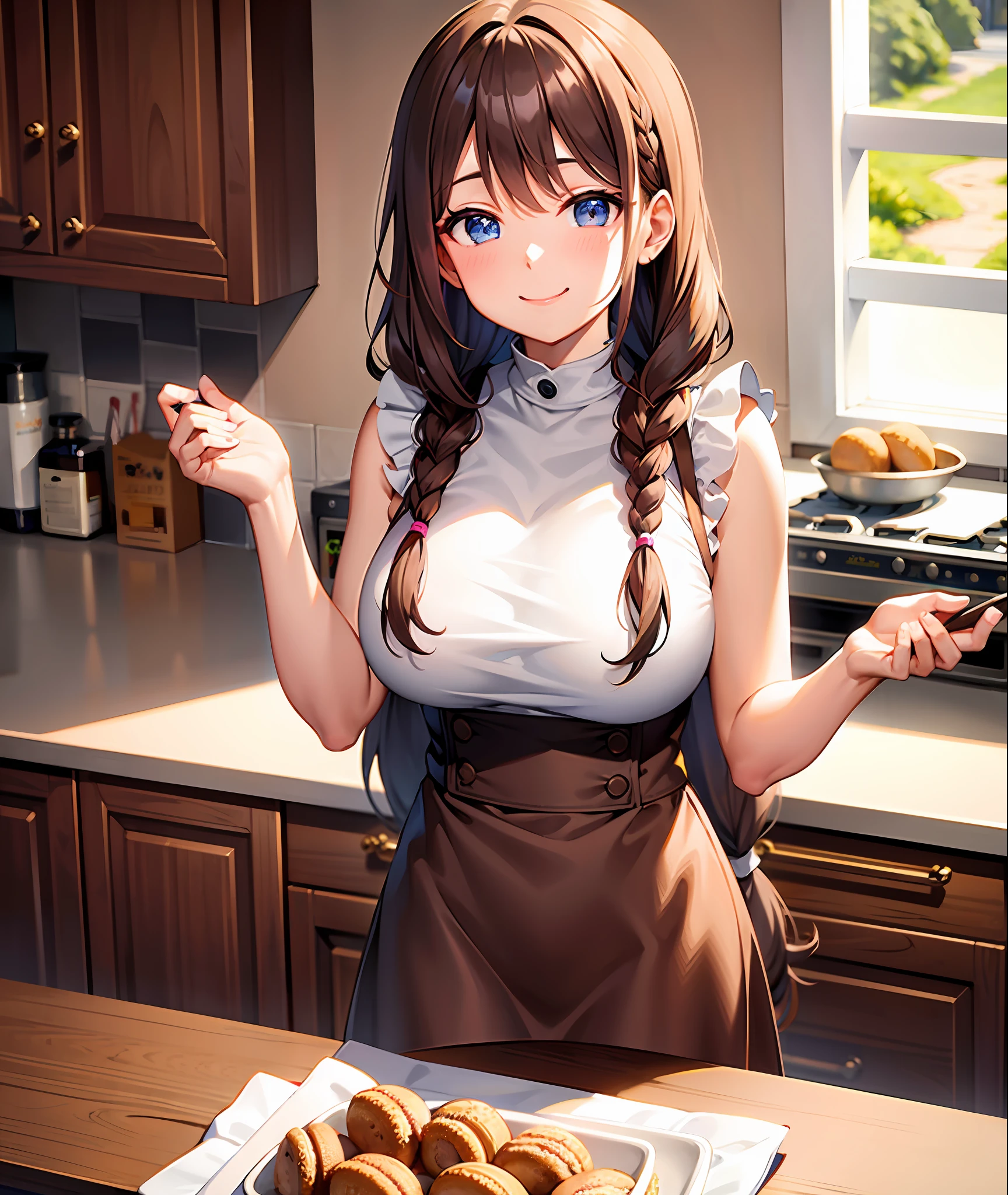 Brown long braided hair, f cup, napkin, kitchen background, smiling