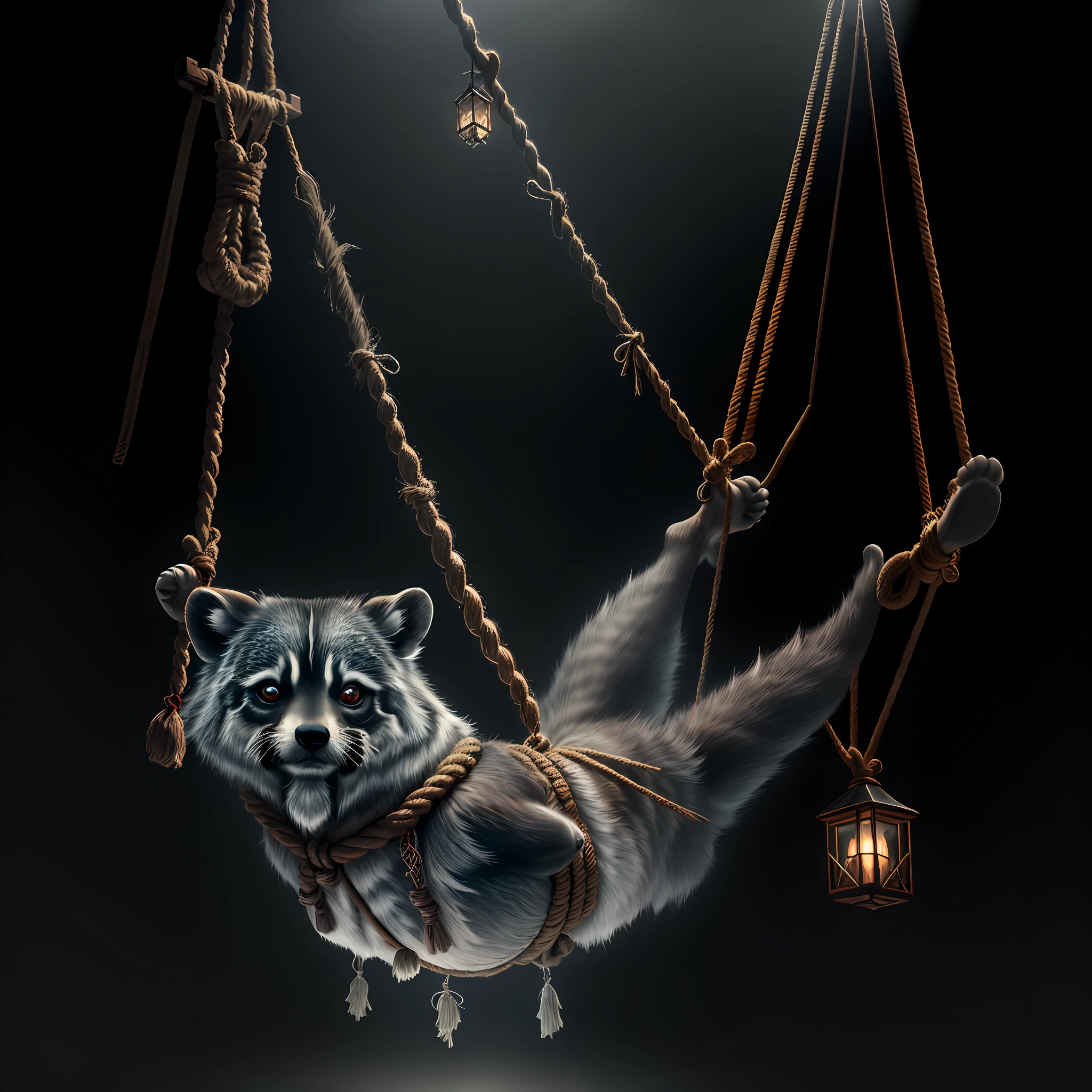 (high quality, realism, masterpiece), detailed photography, real photo, live raccoon, high detail raccoon, rope tied, sad, animal, tied, prey, caught, victim, high detail rope, suspended state, suspended pose, suspended, in ropes, hanging upside down, ((rope tied paws)), hind legs to the top, front paws down, head below, detailed gloomy forest background, dark forest, old rope, aged disheveled rope,  old raccoon tied by its paws, (Gothic), high detail raccoon paws, detailed paws, tangled, BDSM, raccoon guy, hanging upside down, suspended by hind legs, rope around neck, rope around neck, rope around neck, rope around paws, rope around paws, rope on paws, rope around torso, rope around torso