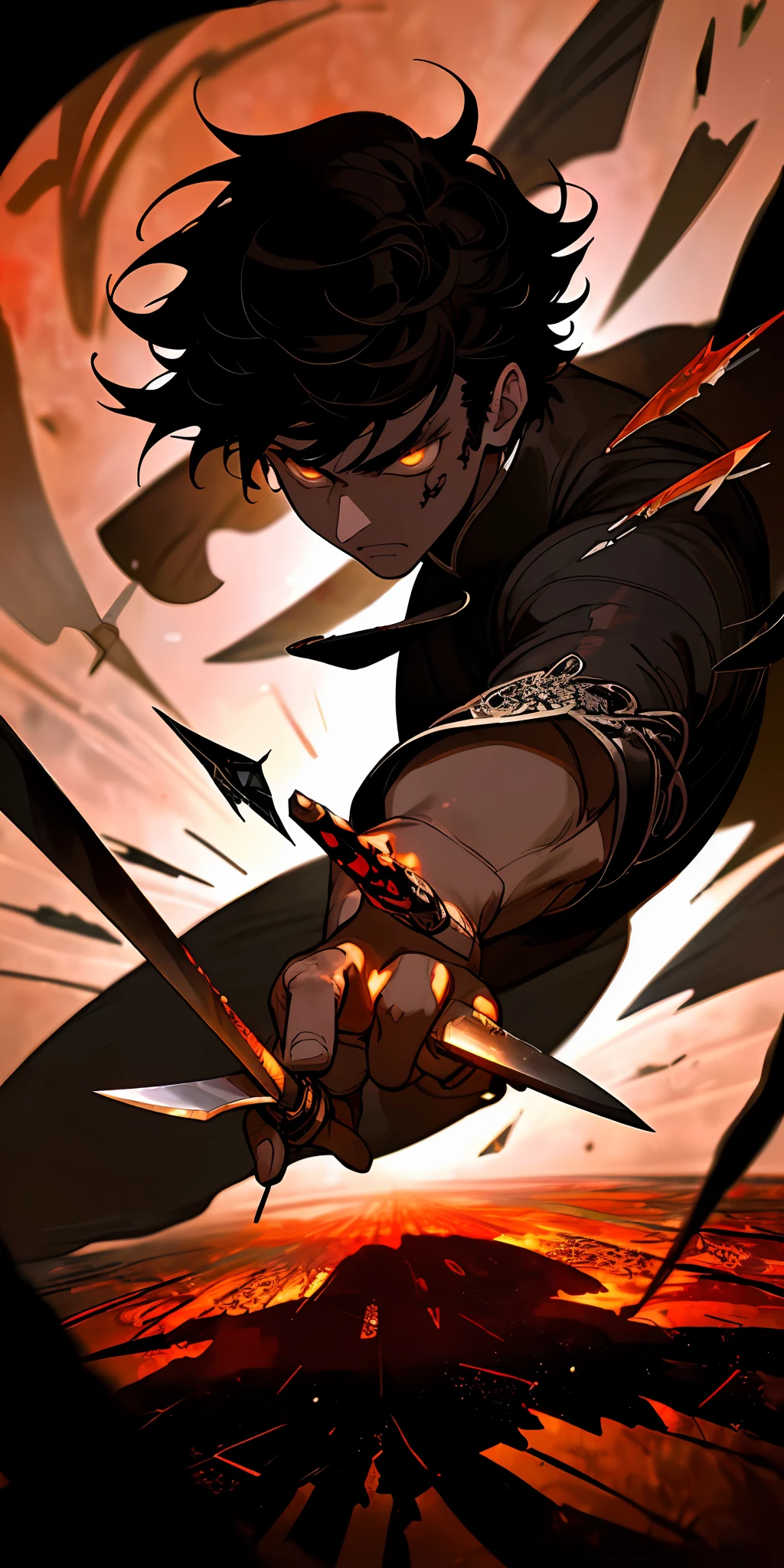 Combat, Male, Knife, (Masterpiece, Best Quality, Ultra Detailed, Best Shadows), (Detailed Background, China), (Detailed Face), High Contrast, (Best Lighting, Extremely Delicate and Beautiful), ((Cinematic Light)), Colorful, Ultra Detailed, Dramatic Light, Intricate Detail, [1boy, Solo, Masculine, Short Black Hair, Sharp Face, Amber Eyes, Thick Hair, Dynamic Angle], Blood Splatter, Black Light Swirling Around Character, Depth of Field, Black Light Particles, (Broken Glass) , Magic Array,