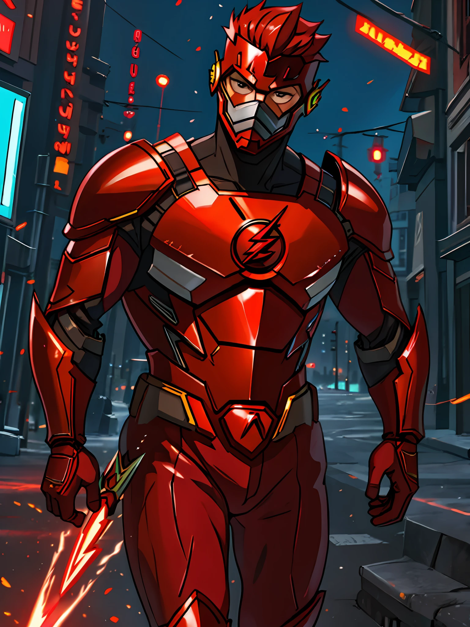 the flash , red armor, invoked mask, in the background a city, ultra details, ultra realistic, cinematic , octane render, 16k