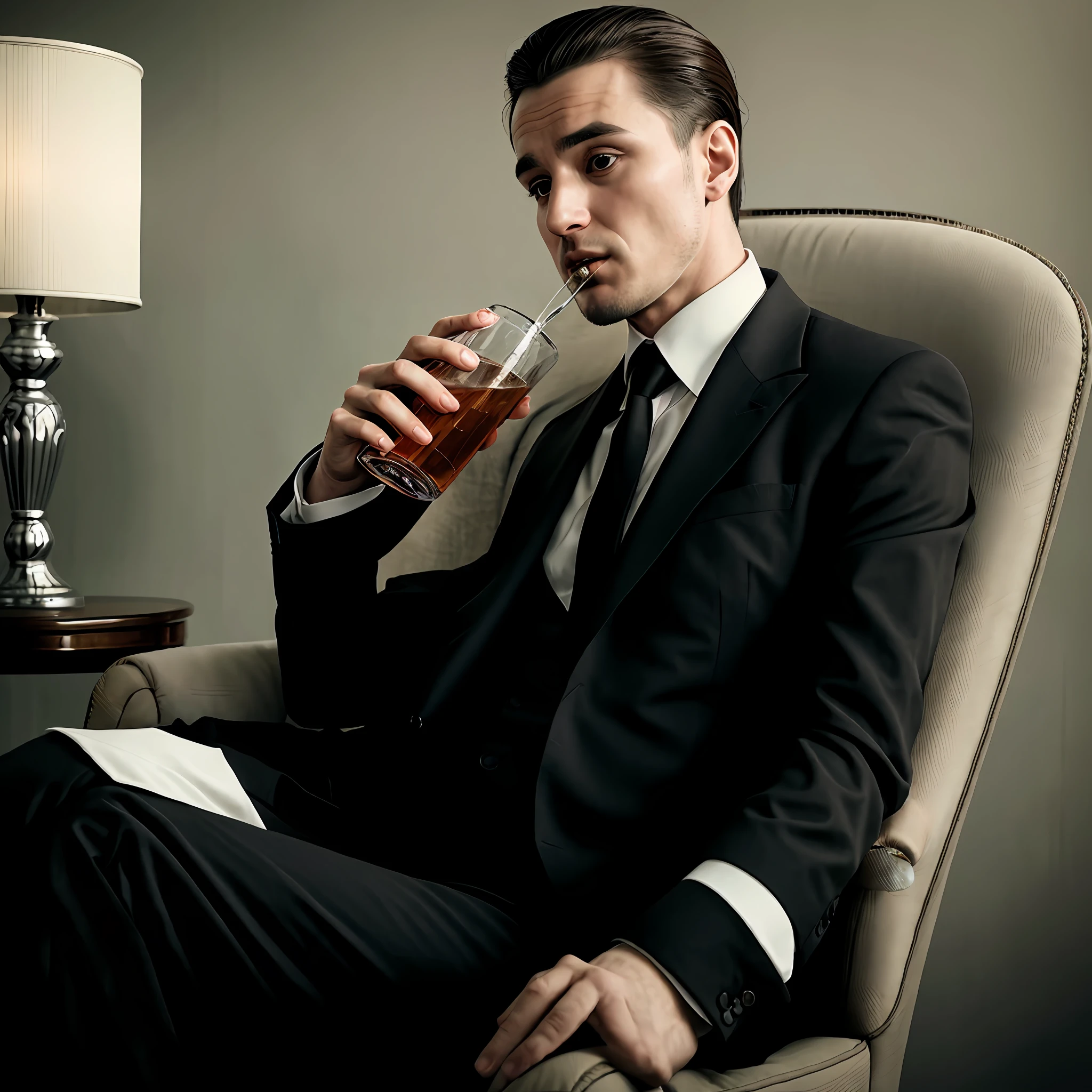 A 28-year-old man, an elegant mobster sitting in an armchair drinking a drink. With an imposing and frightening posture. Realistic image+cinematic scene+ super detailed